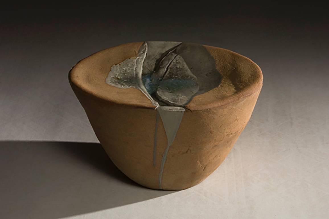 Ann Mallory Abstract Sculpture - "CONTEMPLATION VESSEL #87" - ceramic meditation vessel (colors: ochre and green)