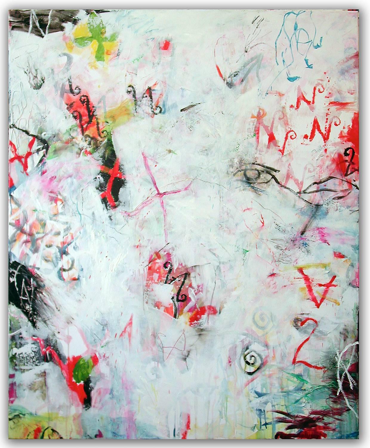 Ford Crull Abstract Painting - NO THING - white abstract painting with symbols