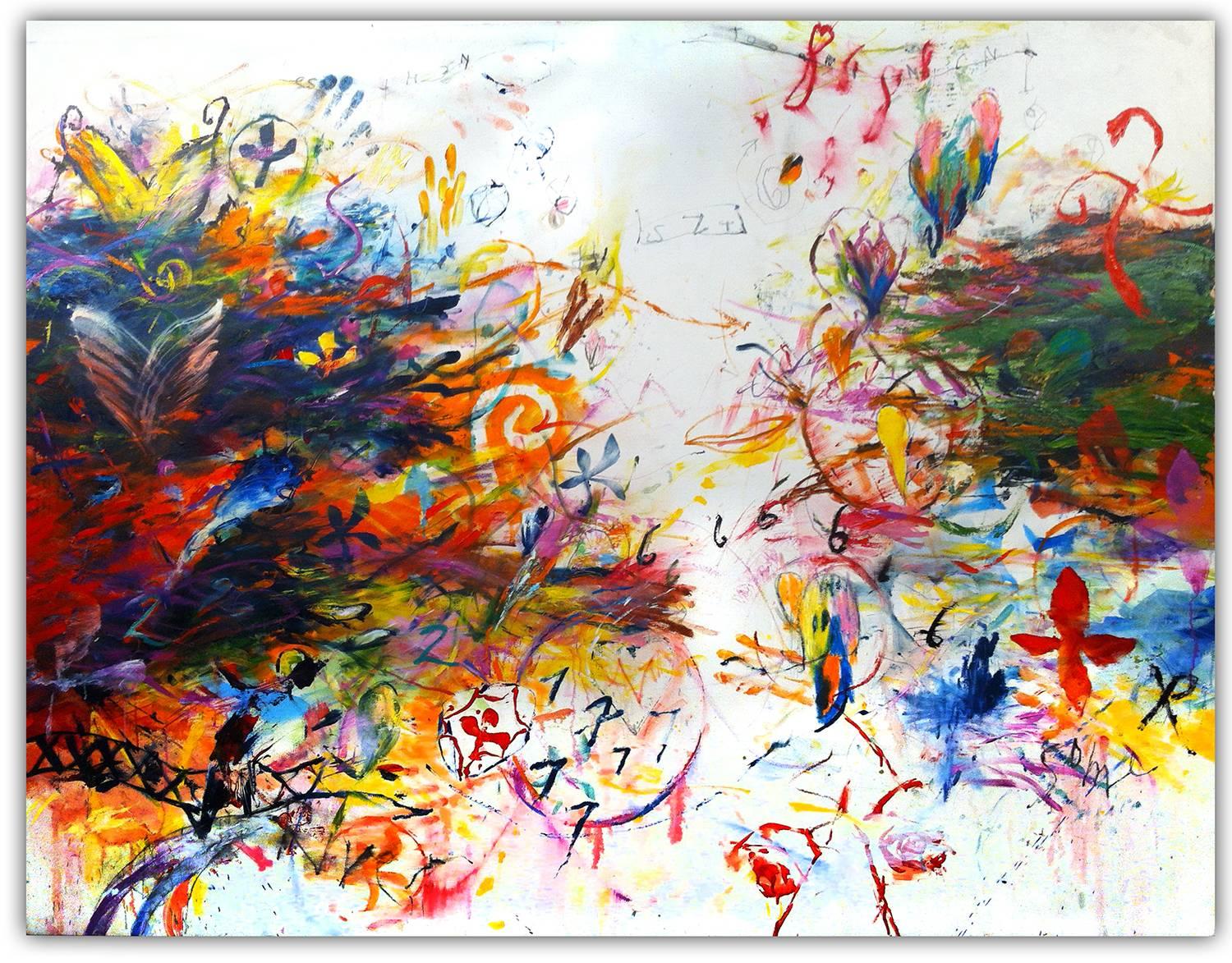 Ford Crull Abstract Painting - SYMBOLIC WIND - large colorful abstract painting with symbols