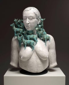 HEARD II - ceramic hand-built sculpture of nude woman with deer