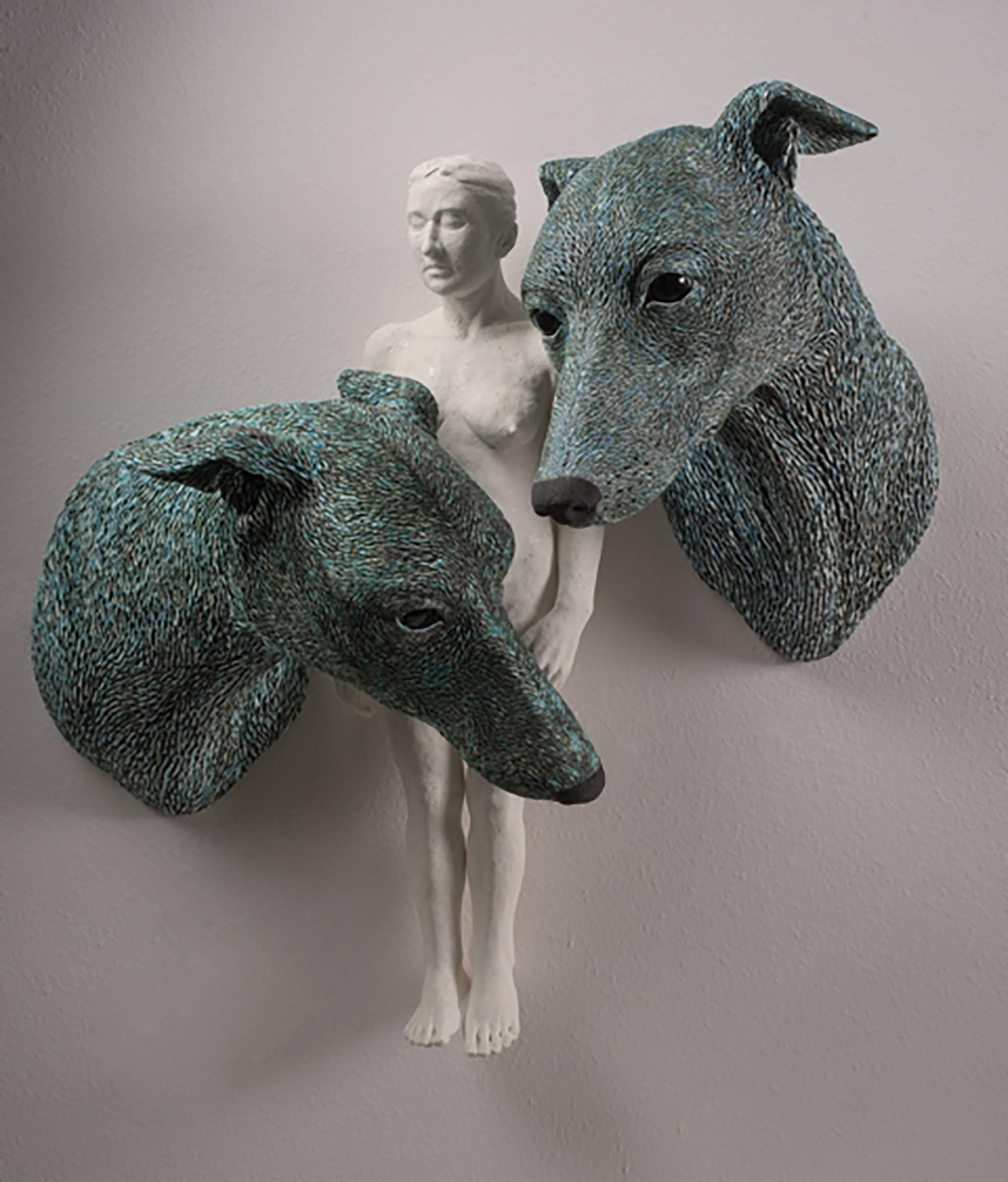 Adrian Arleo Figurative Sculpture - ANIMA AND ANIMUS - large ceramic sculpture, nude woman and two dogs (greyhound)