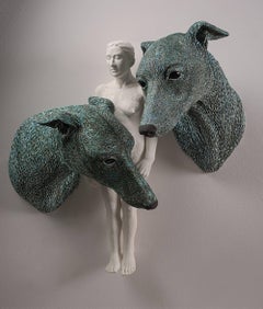ANIMA AND ANIMUS - large ceramic sculpture, nude woman and two dogs (greyhound)