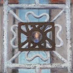 KHOR LO XXII - blue-white encaustic painting with candle and gate
