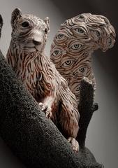 "AWARENESS" - hand-built ceramic sculpture of squirrel with many eyes in body