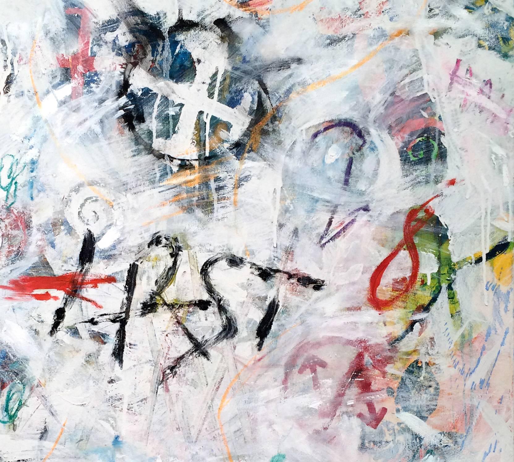 CRAZY 8 - abstract white painting with symbols - Painting by Ford Crull