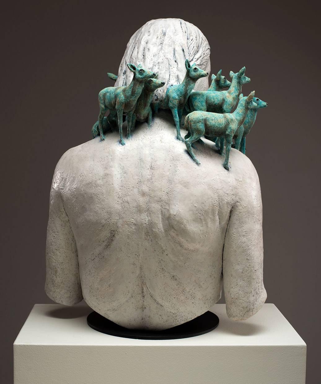 HEARD II - ceramic hand-built sculpture of nude woman with deer - Sculpture by Adrian Arleo
