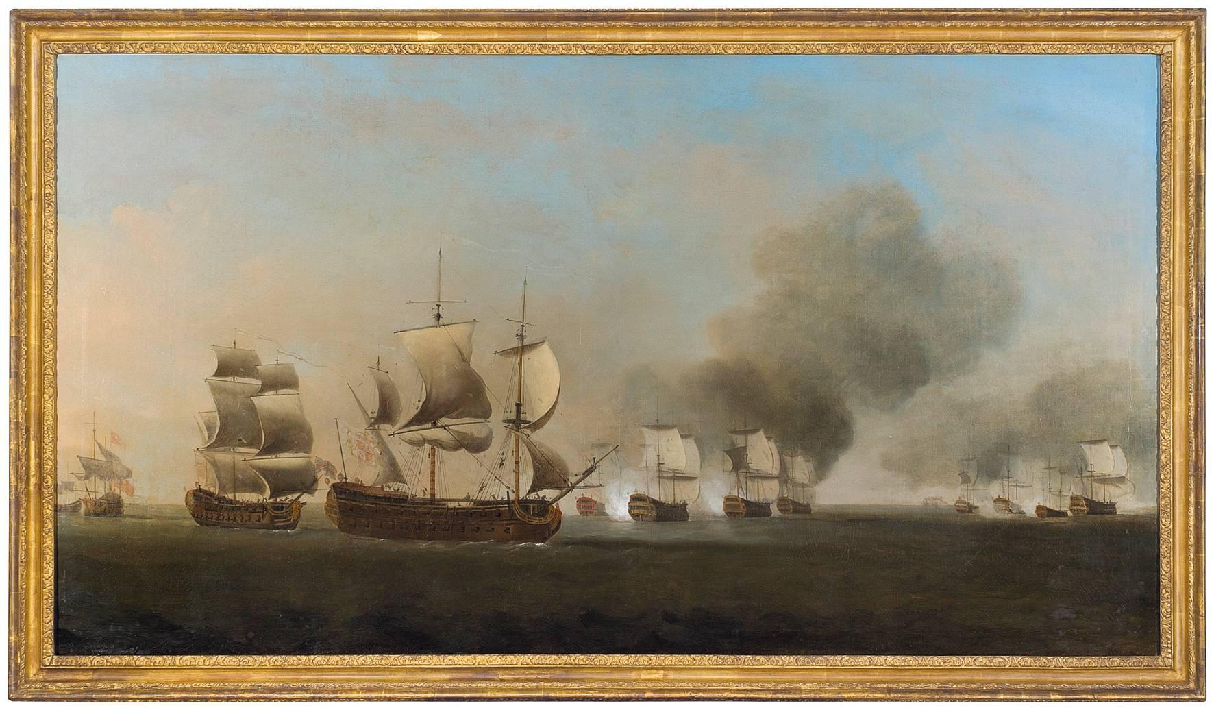Thomas Craskell Landscape Painting - Admiral Sir Charles Knowles' Jamaica Squadron off the banks of Tortuga