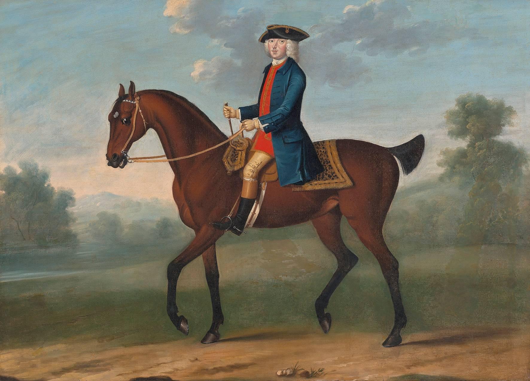 (Attributed to) Thomas Spencer Animal Painting - Equestrian portrait of William, 2nd Duke of Portland (1708-1762) in a landscape