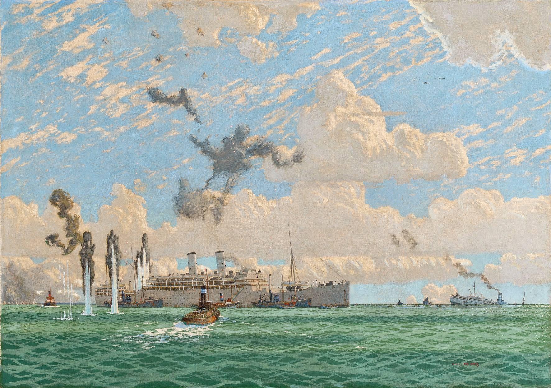 Charles Pears Landscape Painting - THE EVACUATION OF ST. NAZAIRE, 17TH JUNE 1940