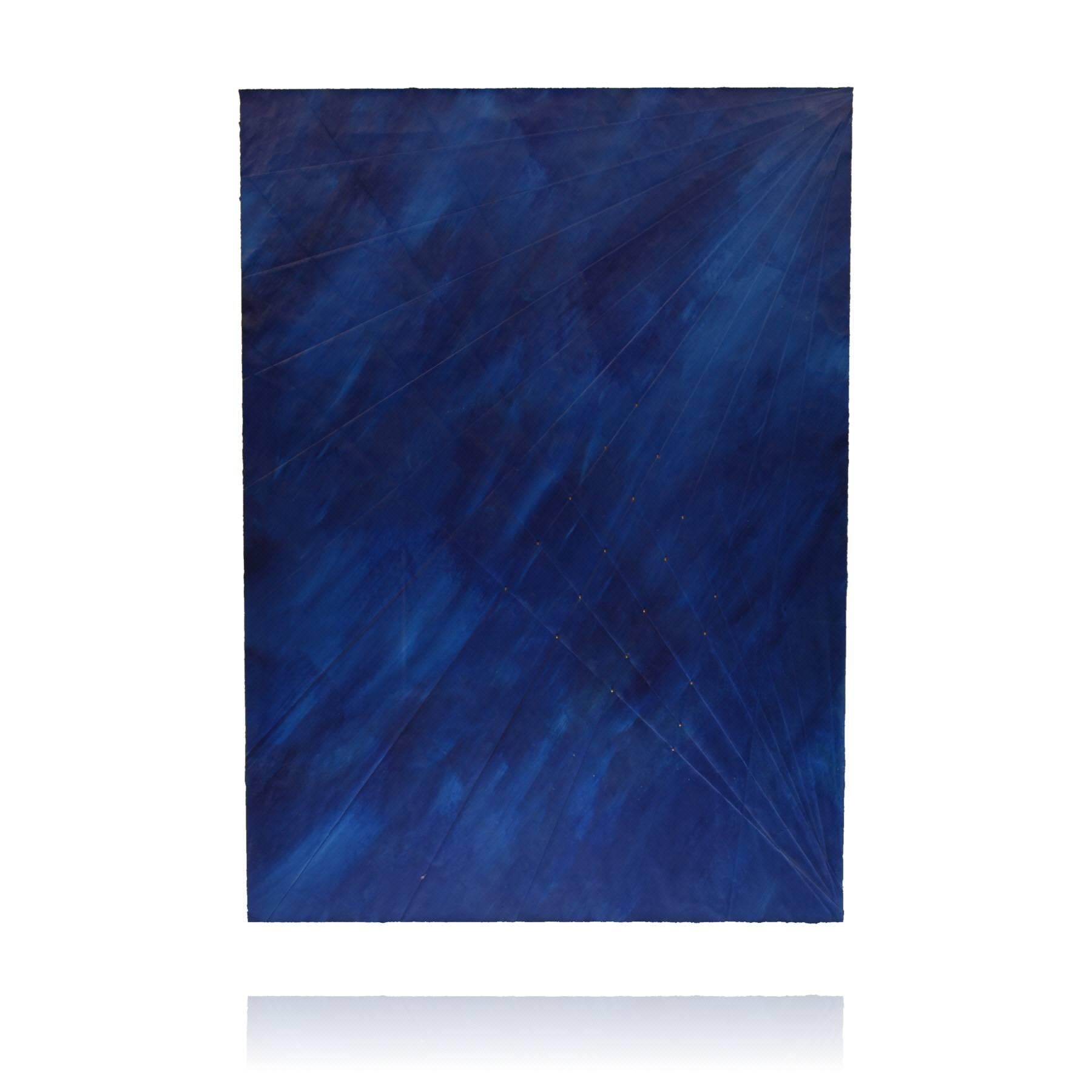 Stunning deep blue painting on paper by artist Harris G. Strong (1920-2006). Titled “Sapphire��” the painting was done on folded and scored paper, giving it a subtle grid like pattern. Some of the intersecting lines are mounted with what appears to be