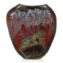 Retro Monumental Petroglyph Art Glass Vessel by William Morris