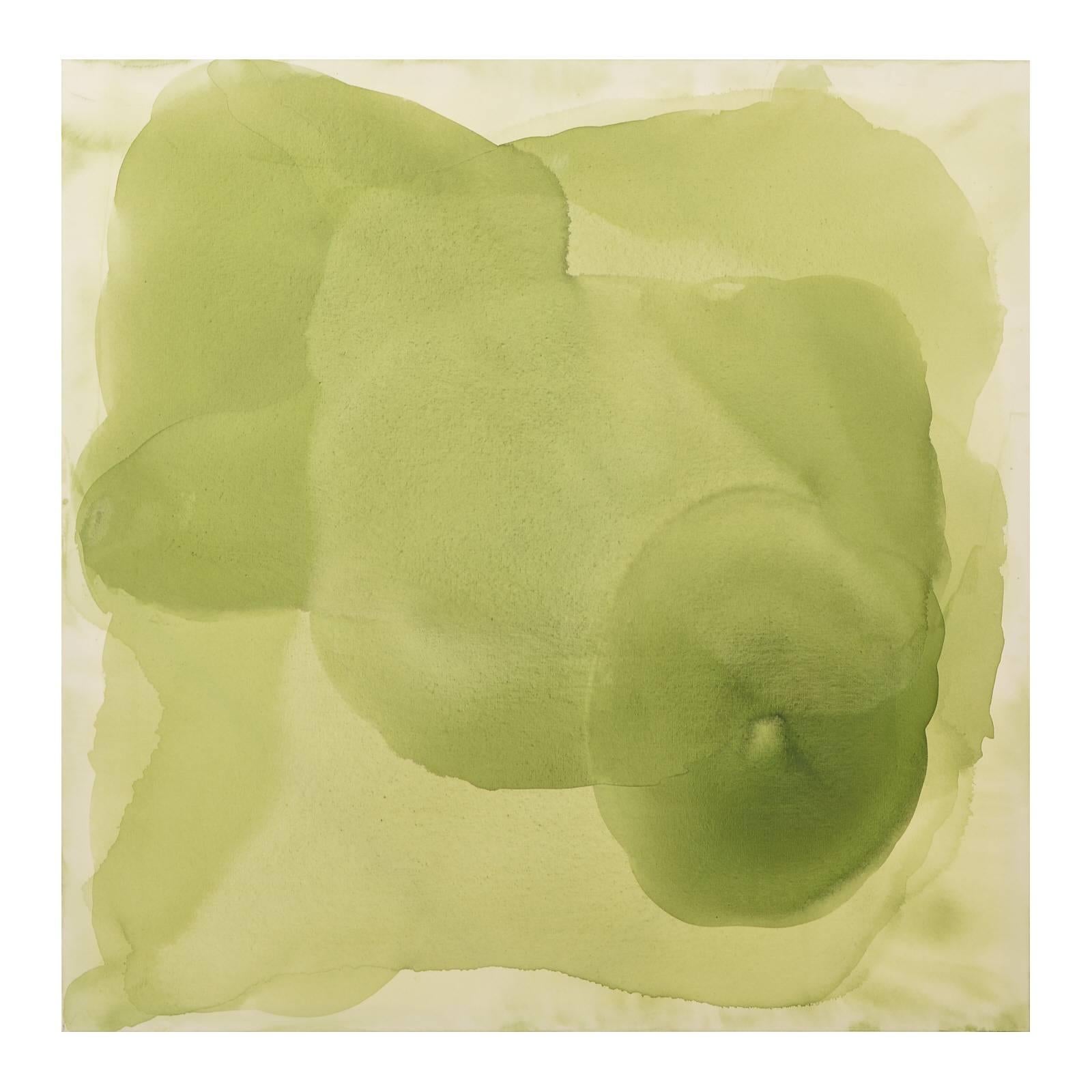 This lovely and ethereal abstract painting in shades of warm green looks as if it could be a watercolor, but its not. Layers of translucent green have been carefully applied to this large gallery wrapped canvas. This is an original painting by