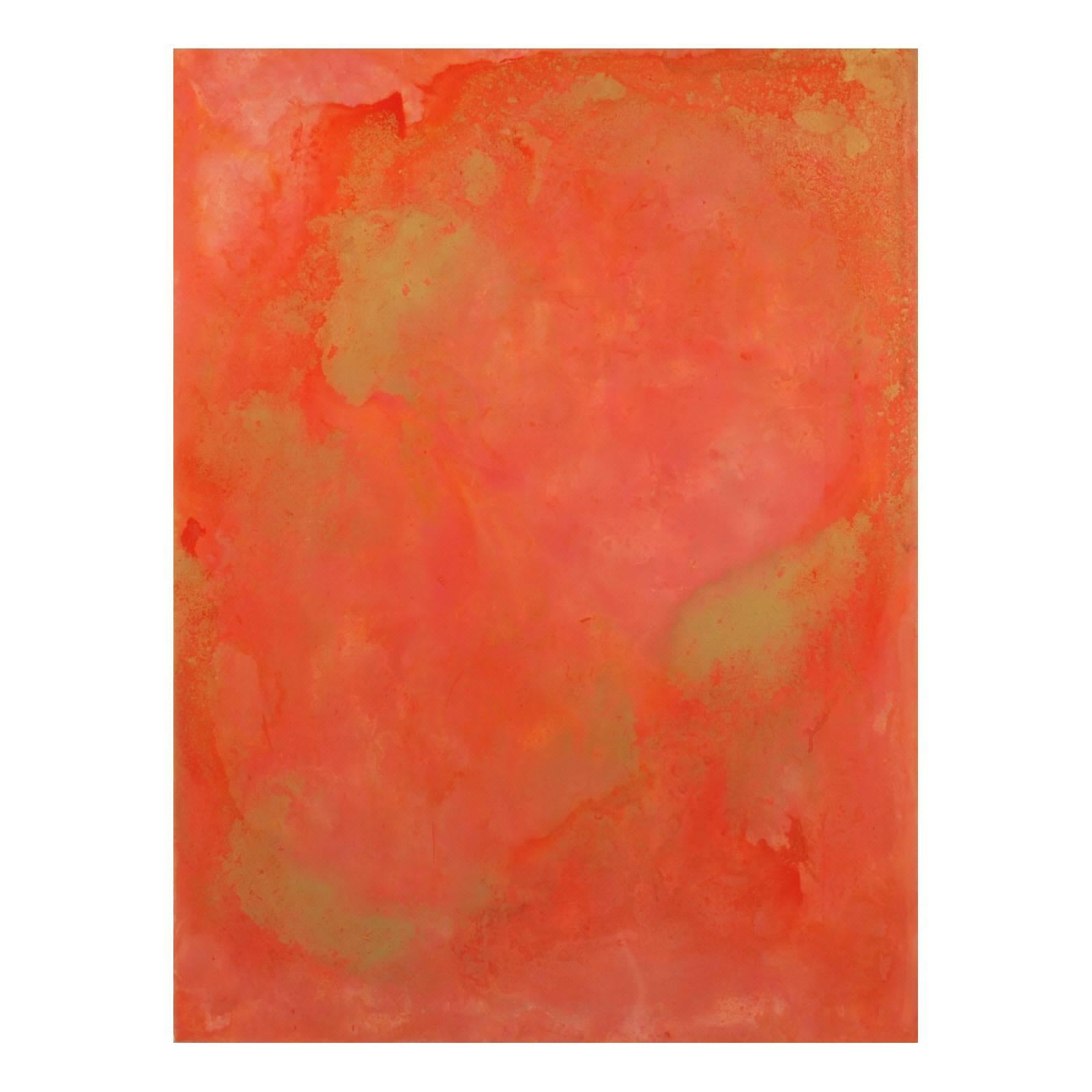 Titled “Bennie Jean”, this striking abstract painting is filled with color tones of coral and salmon, with highlights of metallic gold. Finished in a high gloss resin, this mixed media artwork would make a statement in any room or office. The