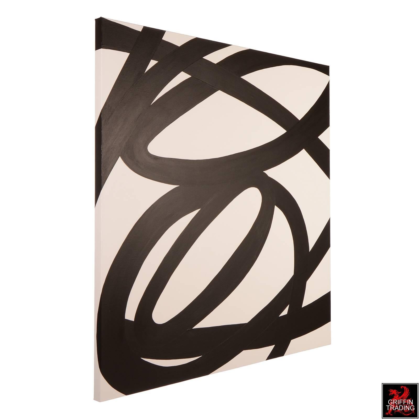 INTERCHANGE is an abstract painting consisting of intertwined lines of matte black against a white canvas background. Its striking appearance makes a statement in any room. The painting is on a gallery wrapped canvas with painted edge, so there is