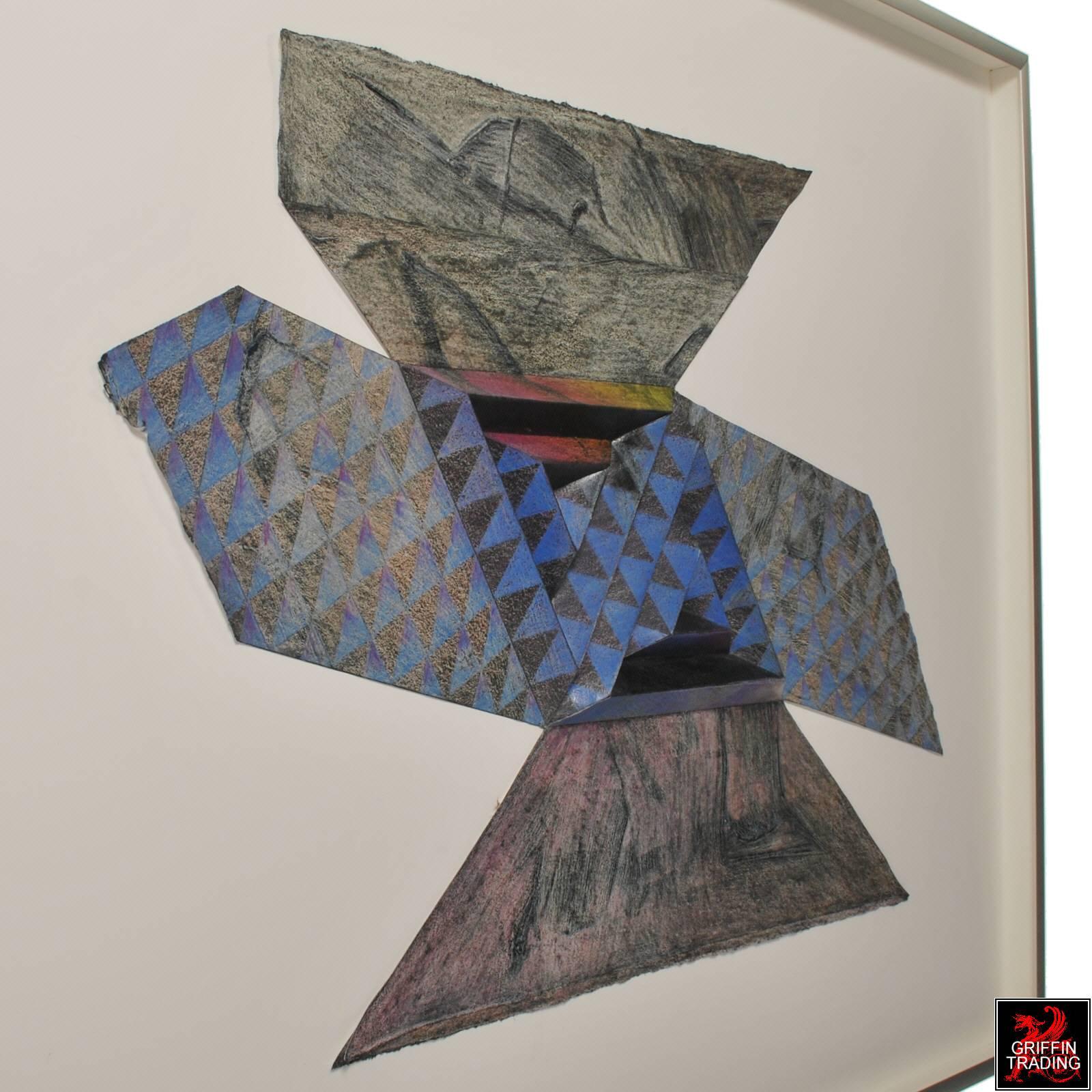 This modernist Op Art piece is titled “Barcelona Reunion” and is the work of Kansas artist Donald Dean Perry (1939-2008). Its polymorphic design and geometric patterns create a directional movement that involves the viewer to explore the