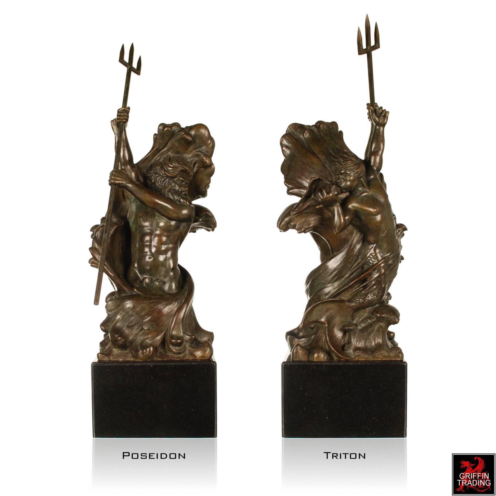 This exquisite bronze sculpture depicts the Greek god Poseidon with his Trident in hand on one side and his son Triton depicted on the other side. The artistic ability of the sculptor to capture both of these Greek gods in ocean swept waves as one