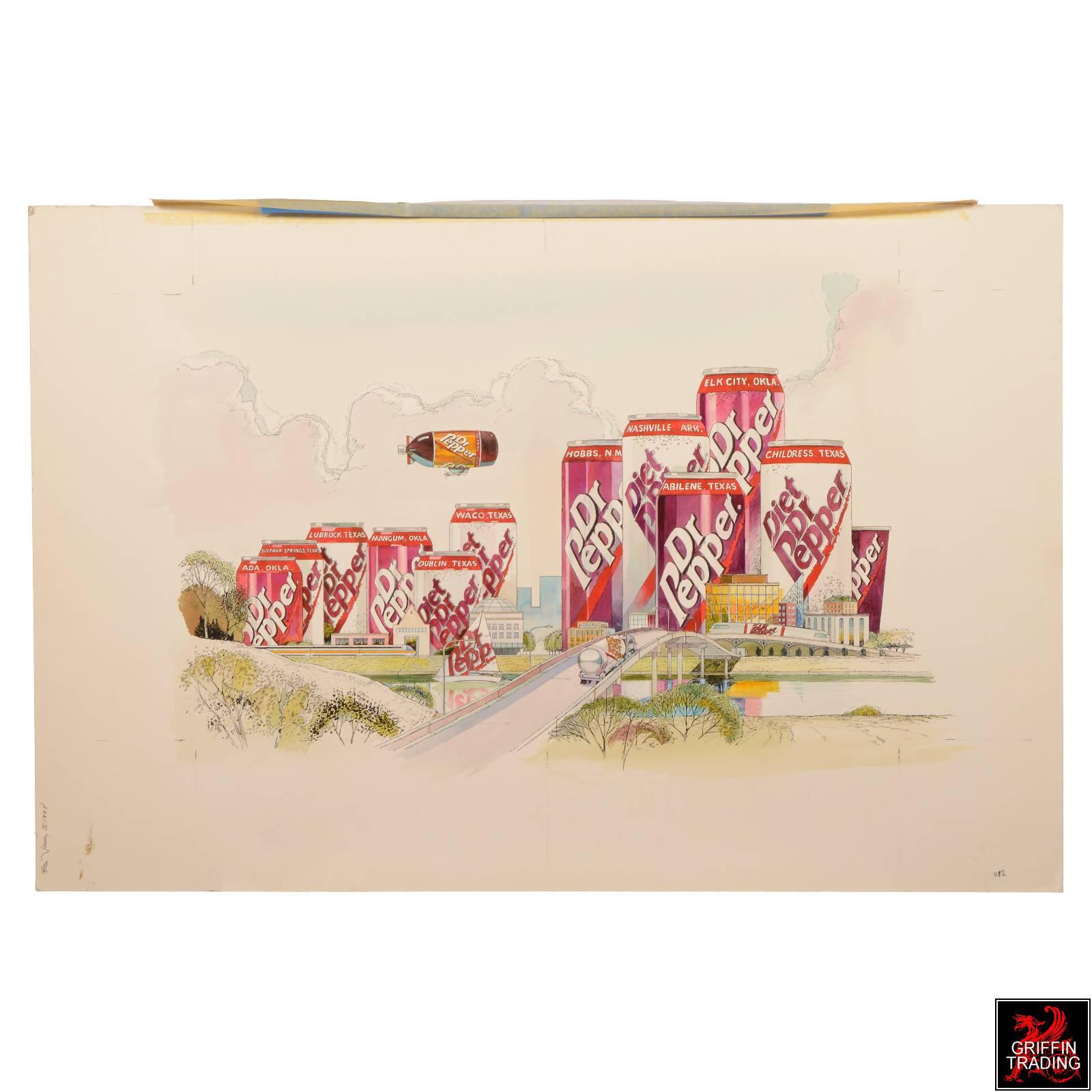 Dr Pepper Metropolis - This original illustration art was commissioned by Dr Pepper in 1998 for promotional and advertising use. It depicts a thriving city skyline where everything is Dr Pepper. The buildings, train, sailboat and even a blimp in the