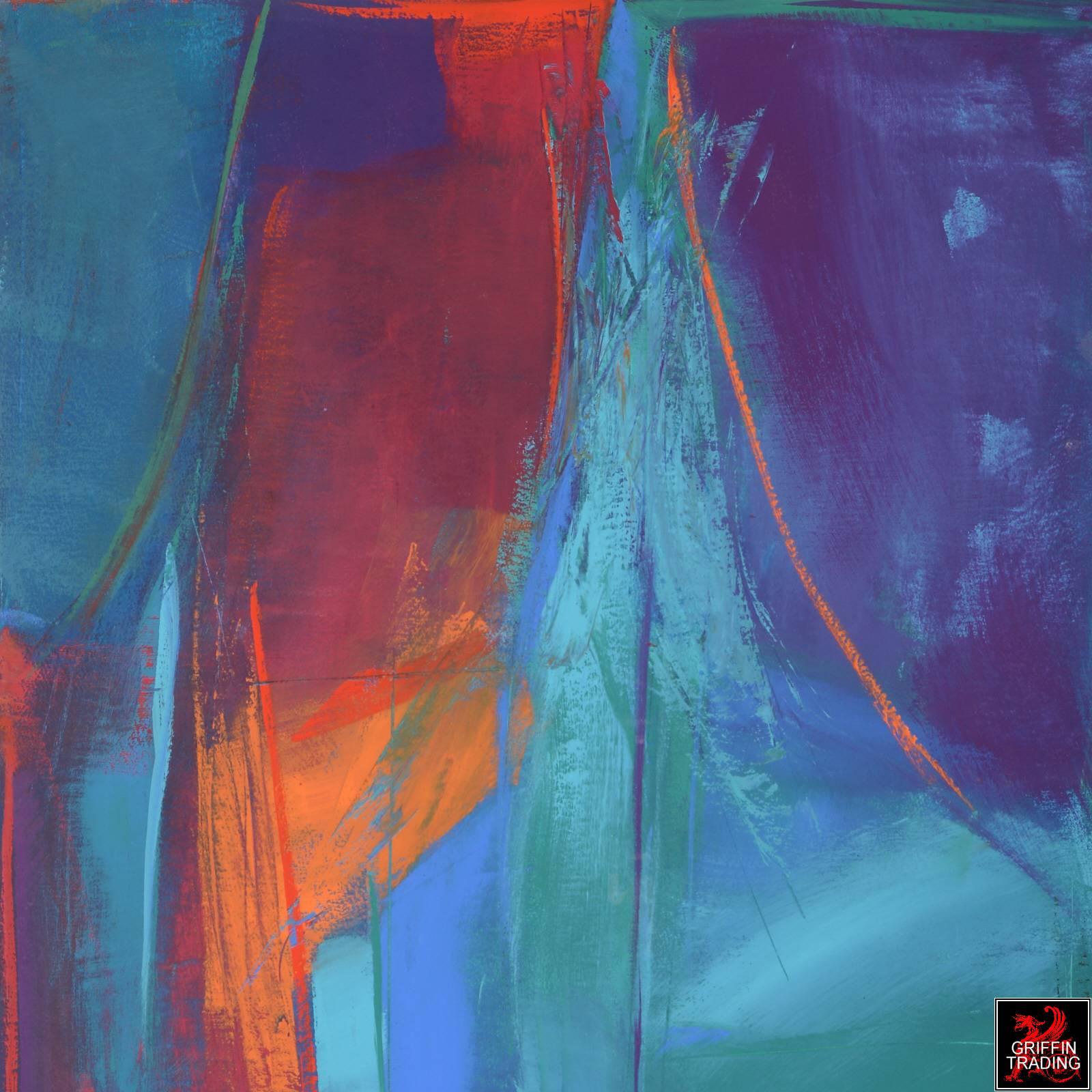 This is a vibrant and colorful abstract painting on paper. The richness of the blues and greens against the reds and purples, make a bold statement. This piece is by American artist Roberta Marks and is signed and dated on the reverse. The artwork