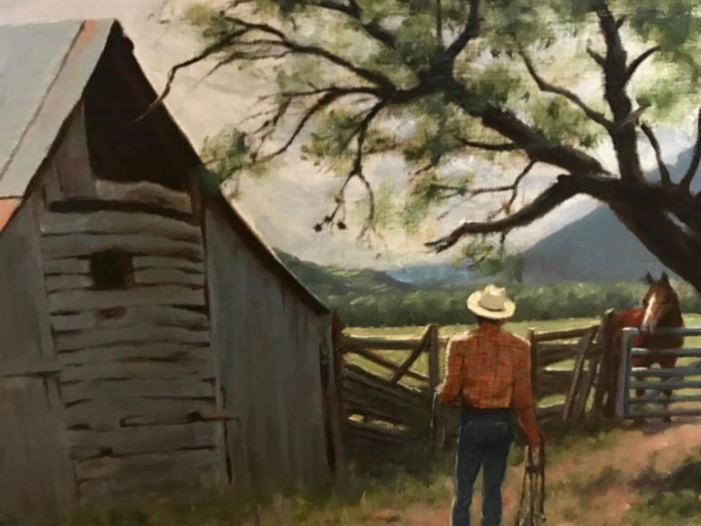 View of Texas Hill Country with Cowboy Realist Landscape Oil Painting For Sale 3