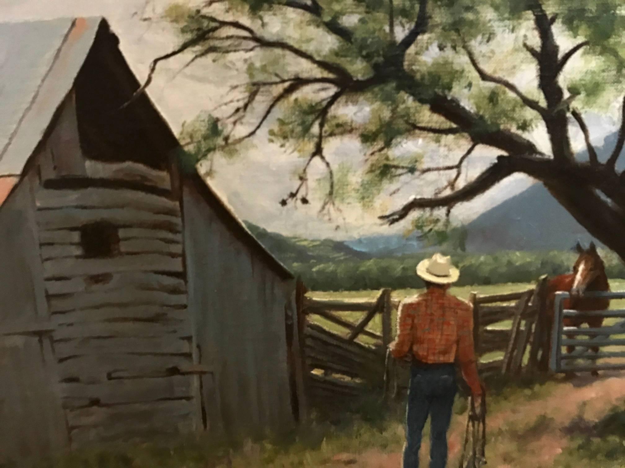View of Texas Hill Country with Cowboy Realist Landscape Oil Painting 3