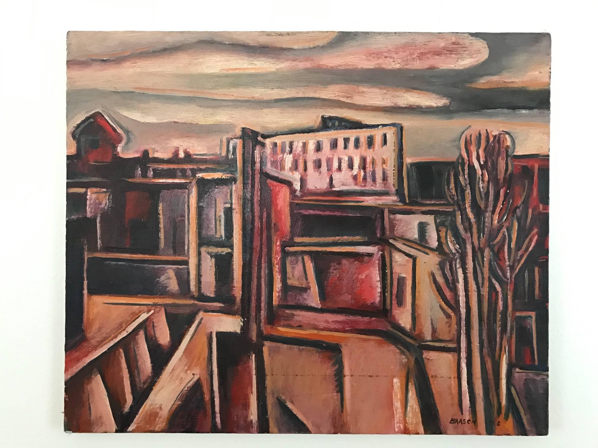 Landscape Painting de Norman Baasch - Paisaje Cubista Abstracto Colorado Rojo Tonal