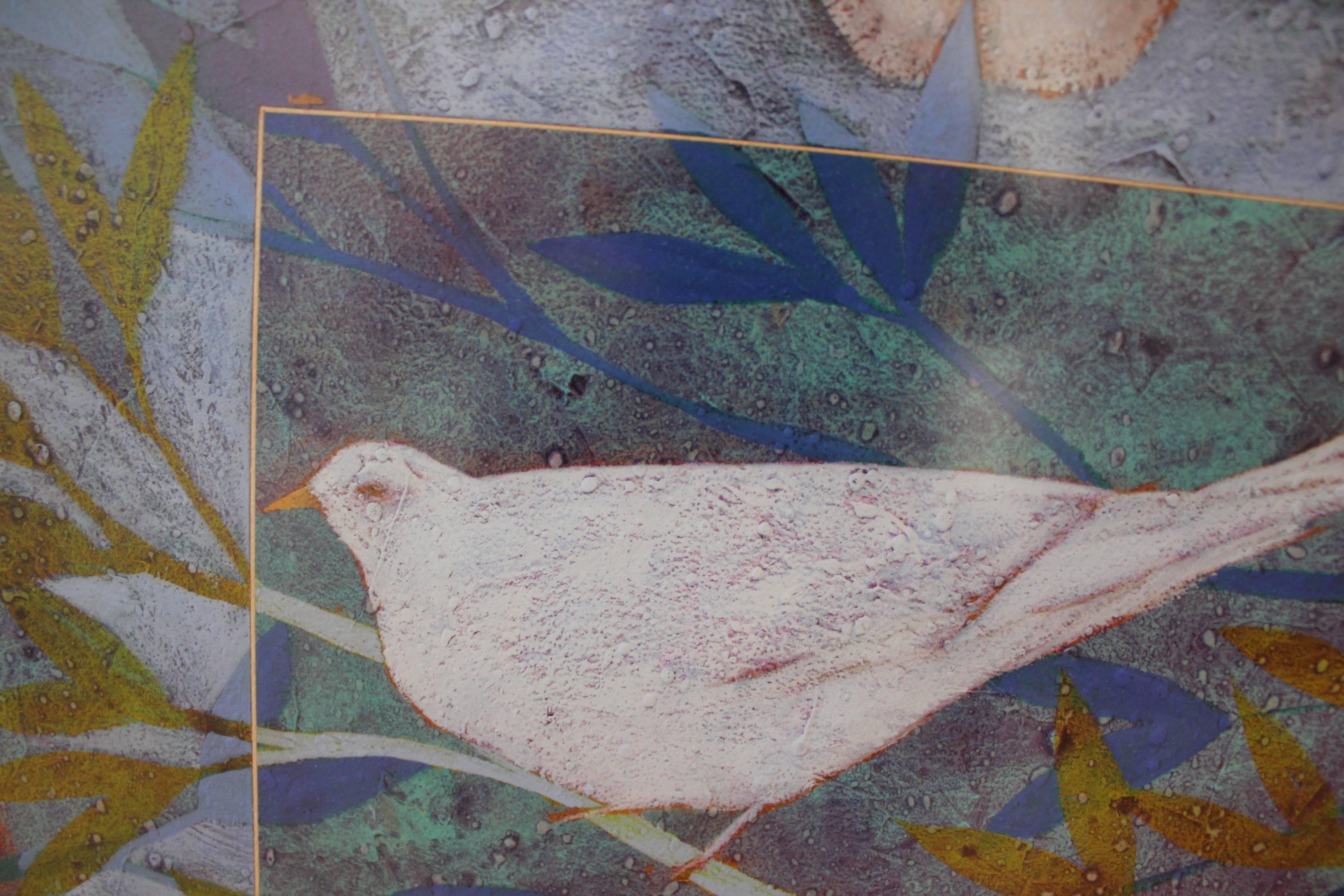 Peinture à l'huile moderne d'une colombe sur papier géométrique, bleue - Painting de Oris Robertson