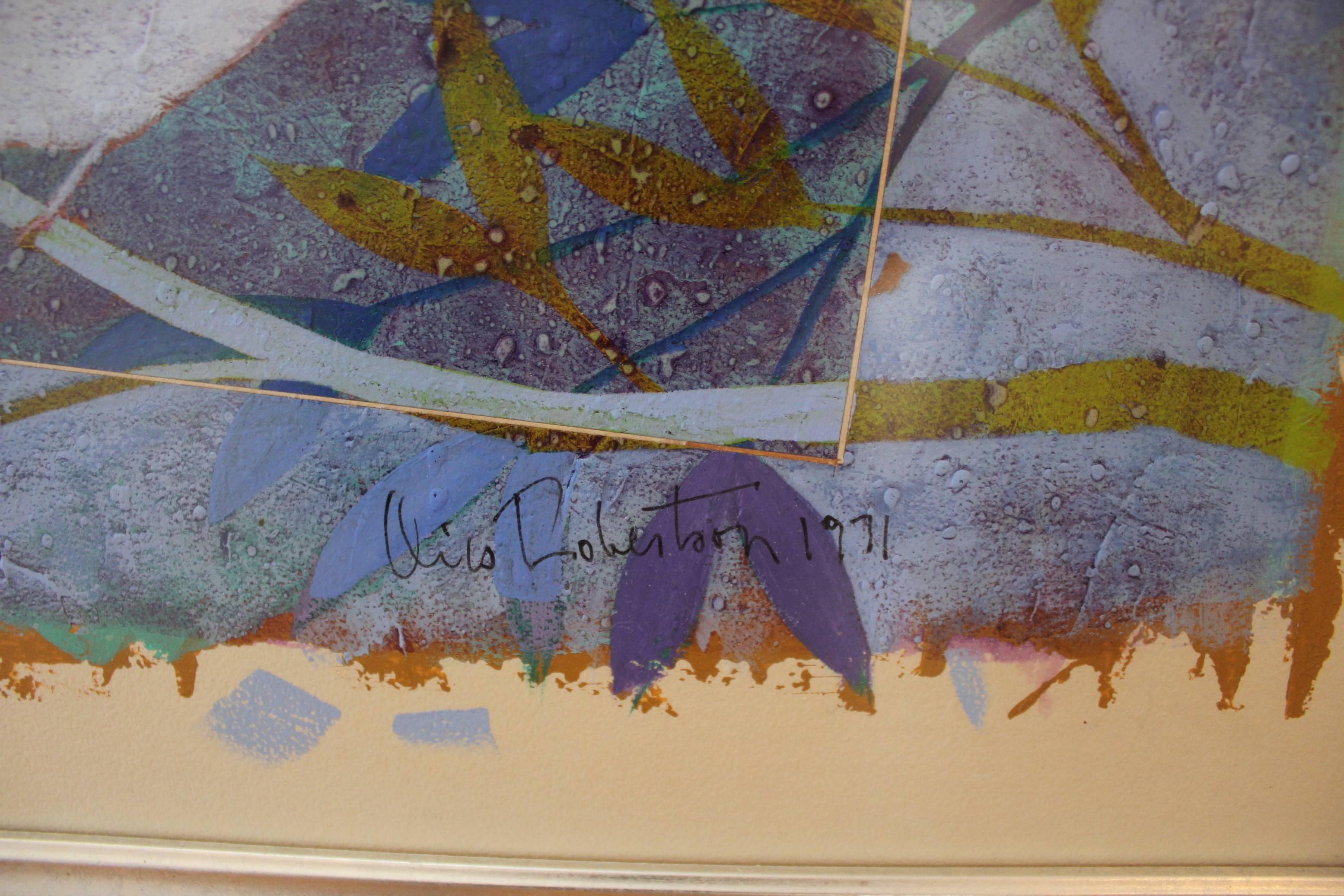 Moderne Taube auf Papier Geometrisches, Blau, Ölgemälde (Grau), Animal Painting, von Oris Robertson