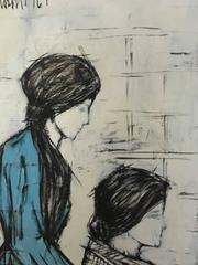 Scena di famiglia domestica lineare blu con due donne