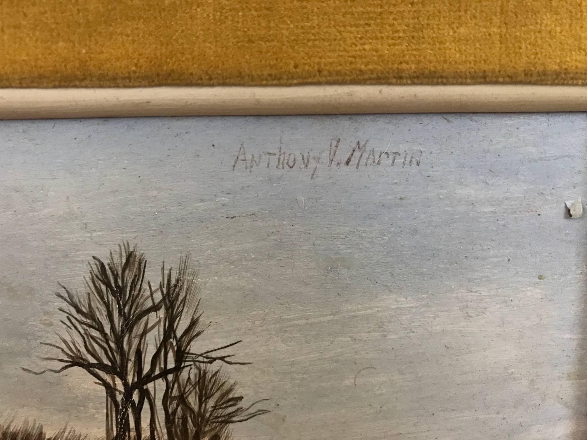 Anthony Martin Tree Stump landscape painting in egg tempera. This painting was featured in the DuBose gallery in Houston, Texas. Artist signature in top right corner. Framed in a worn wooden frame and mat. 

Artist Biography: Anthony V. Martin grew