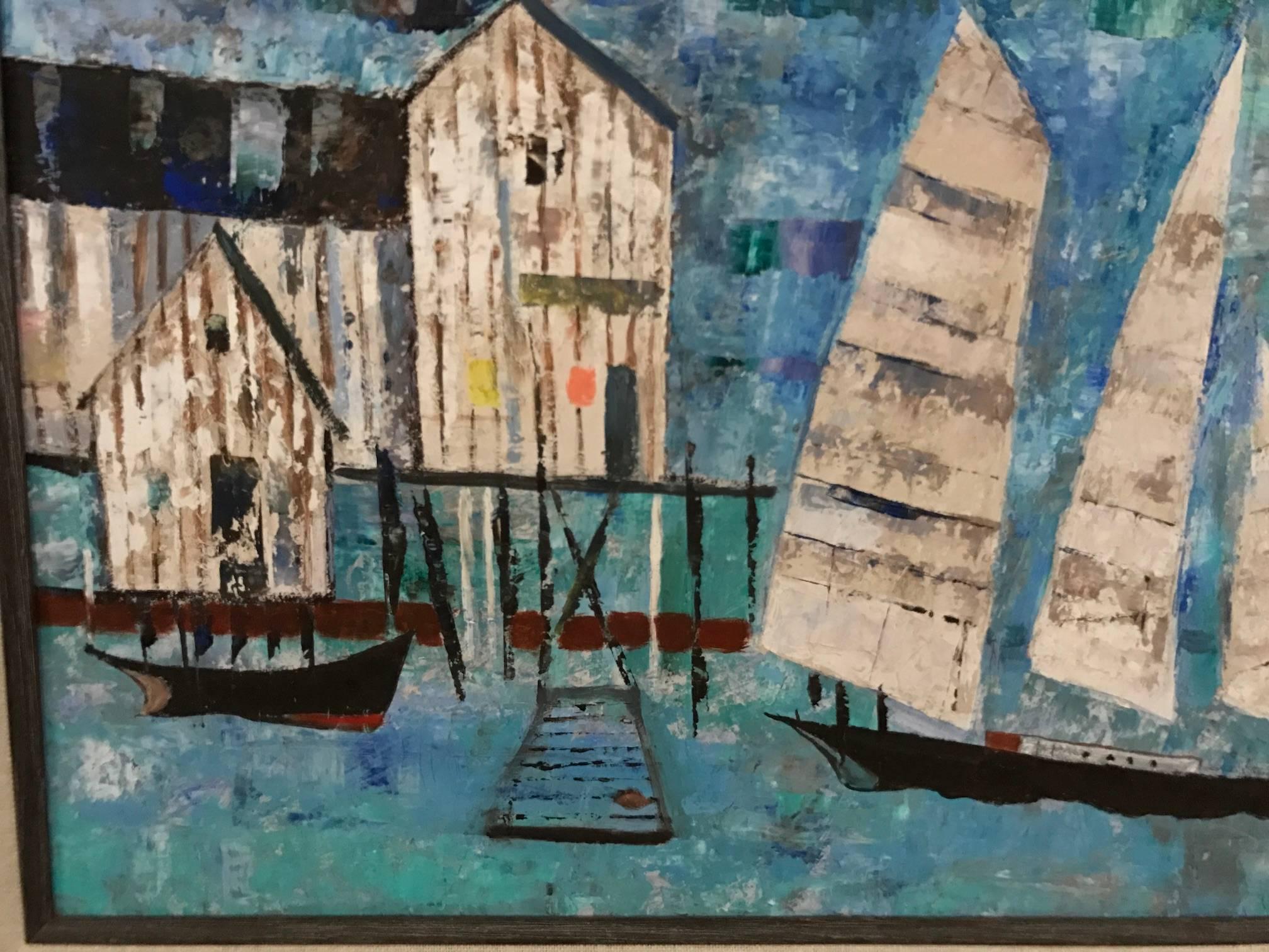 Cool-Colored Abstract Expressionist Sailboats and Boat House - Painting by Chester Dixon Snowden