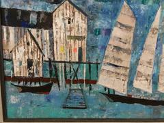 Cool-Colored Abstract Expressionist Sailboats and Boat House