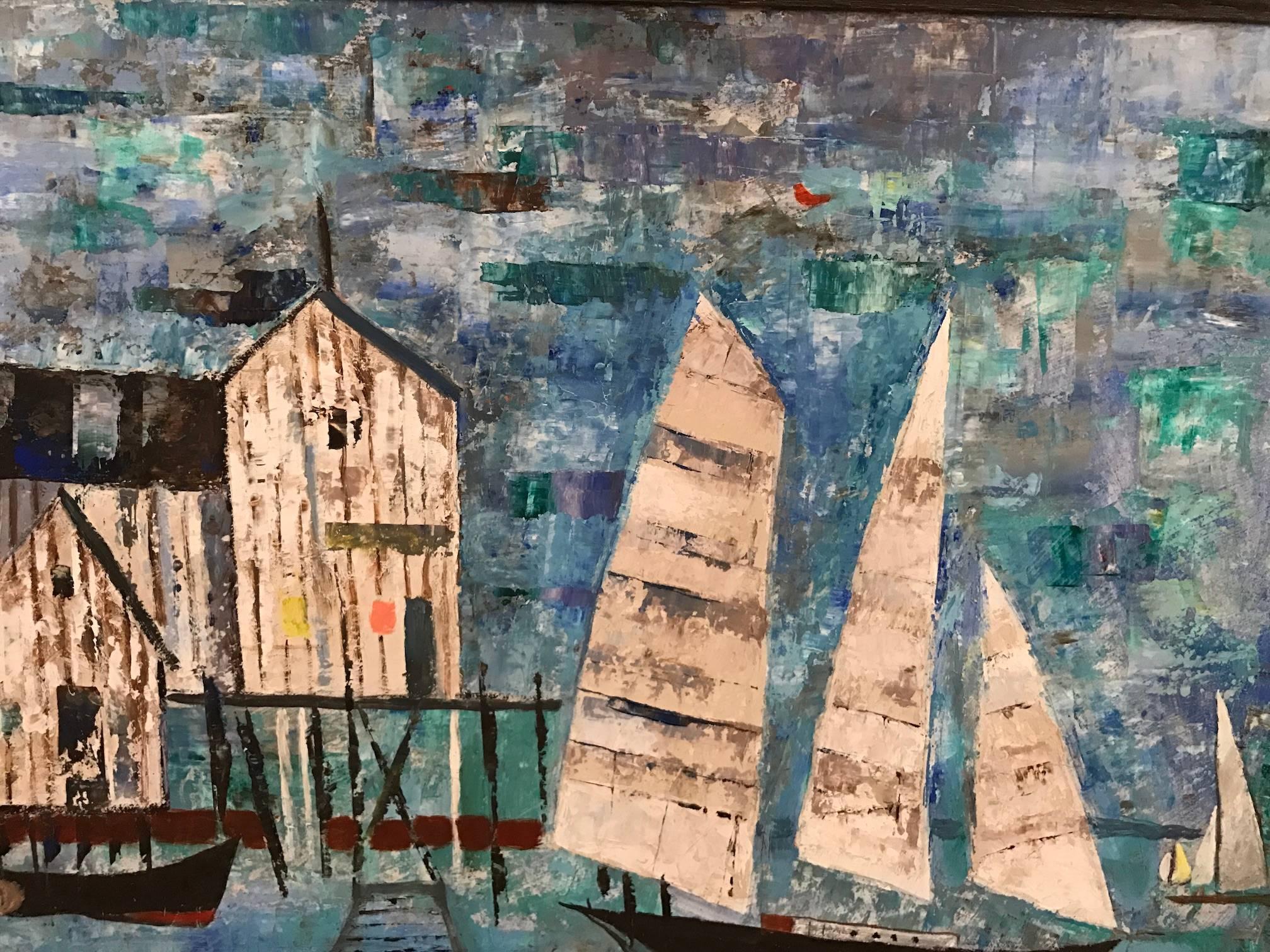 Cool-Colored Abstrakte Expressionistische Segelboote und Bootshäuser (Schwarz), Landscape Painting, von Chester Dixon Snowden