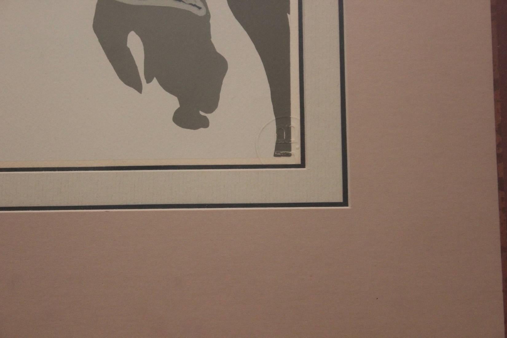 Sérigraphie colorée surréaliste de l'artiste Jean Lurcat vers 1933 d'un personnage dans une pose rappelant celle d'une baigneuse. Cachet de l'éditeur, recto ; étiquette de l'éditeur, verso.  

Dimensions sans cadre : H 12 in. x L 8.5 in.