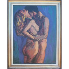 Large Impressionist Textured Embracing Nude Painting