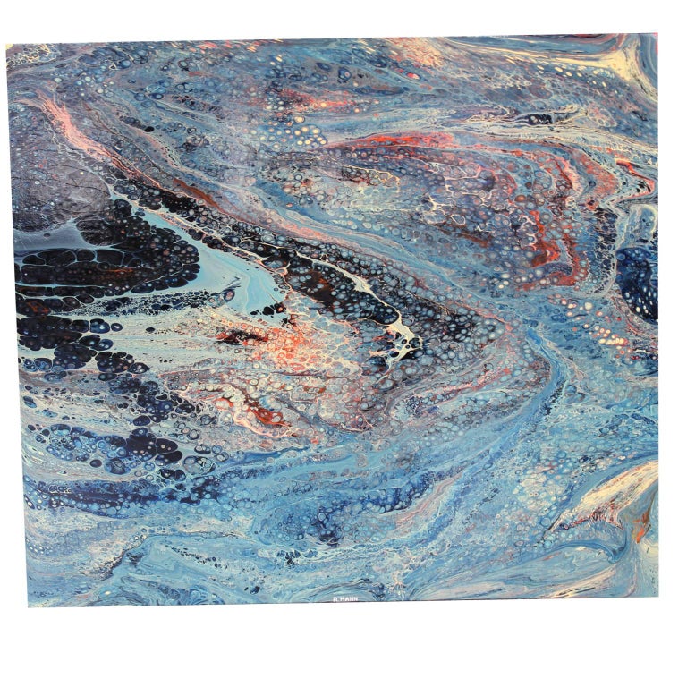 Richard Mann Abstract Painting - Blue Abstract Acrylic Pour with Swirling Cells