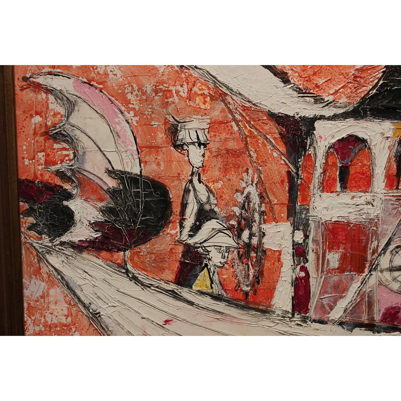 Modernes, farbenfrohes Train-Gemälde „Konductor“ (Braun), Abstract Painting, von Bill Condon