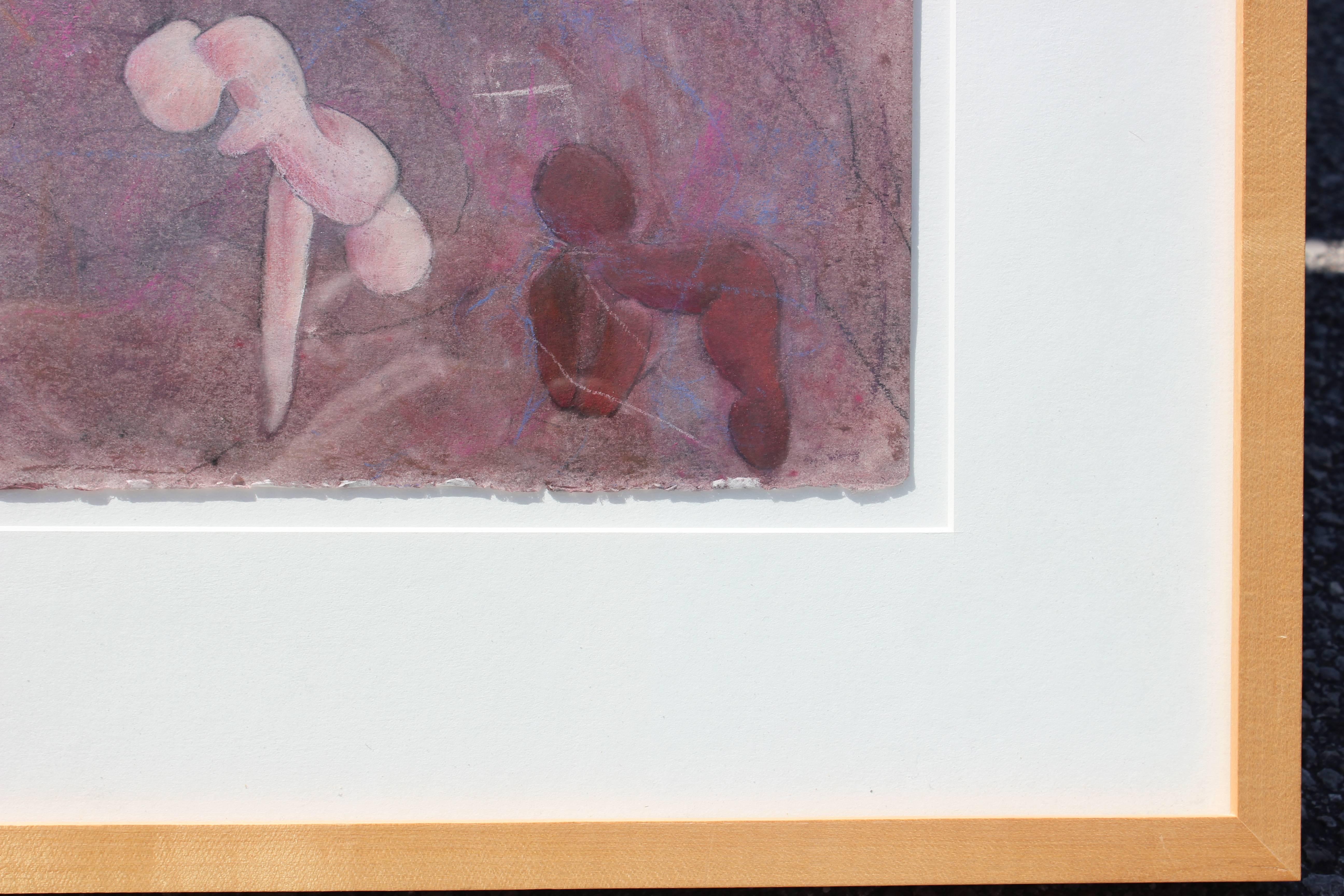 Purple pastel image with various humanoid figures scattered around the image. Gallery tag on the back of the painting titles and attributes the work. Framed in a light wooden frame with a white matte.

Artist Biography: Helen Belton Orman's life was