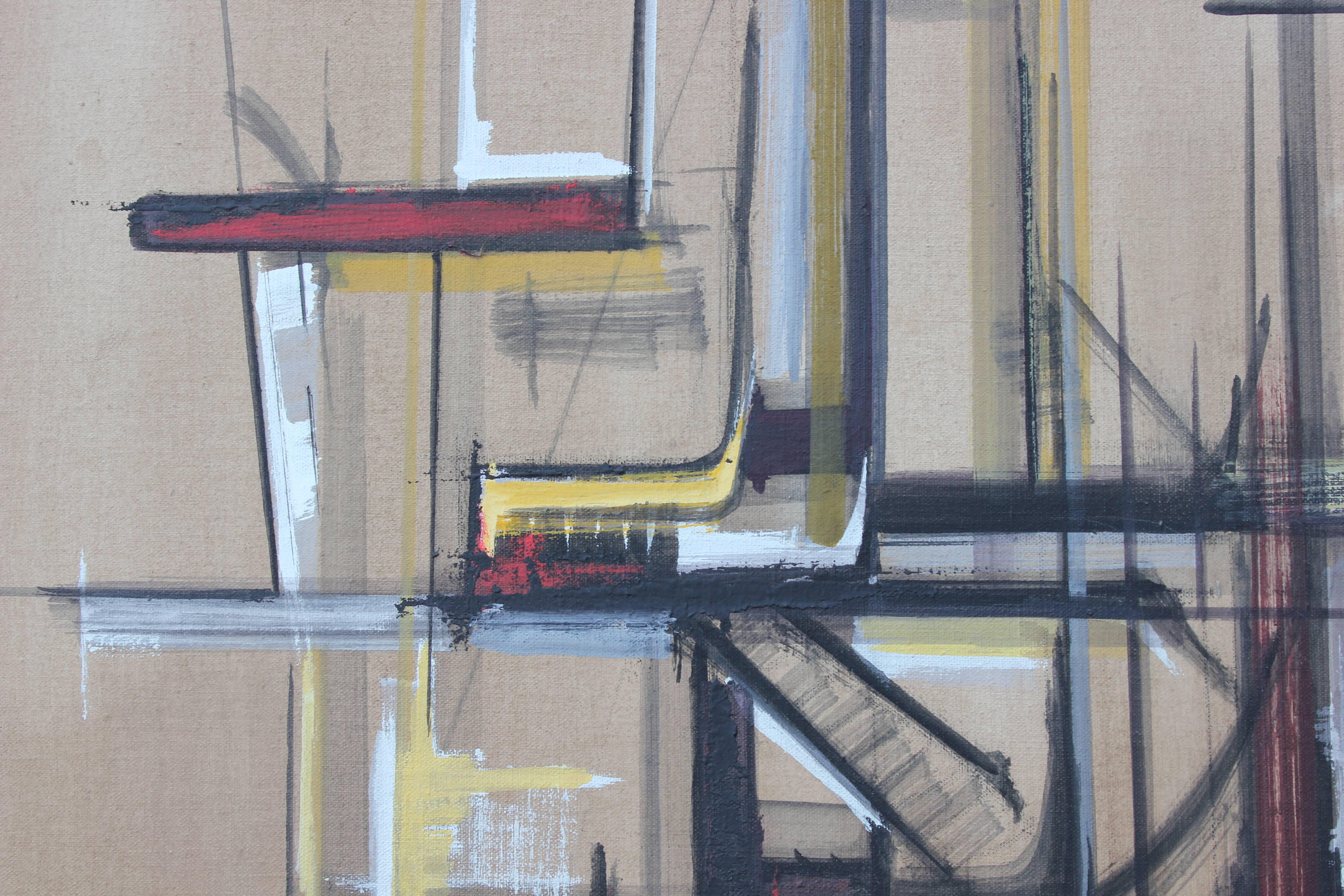 1960's geometric abstract painting by artist Carlos Kunte Obando with accents of red, yellow, and white. 