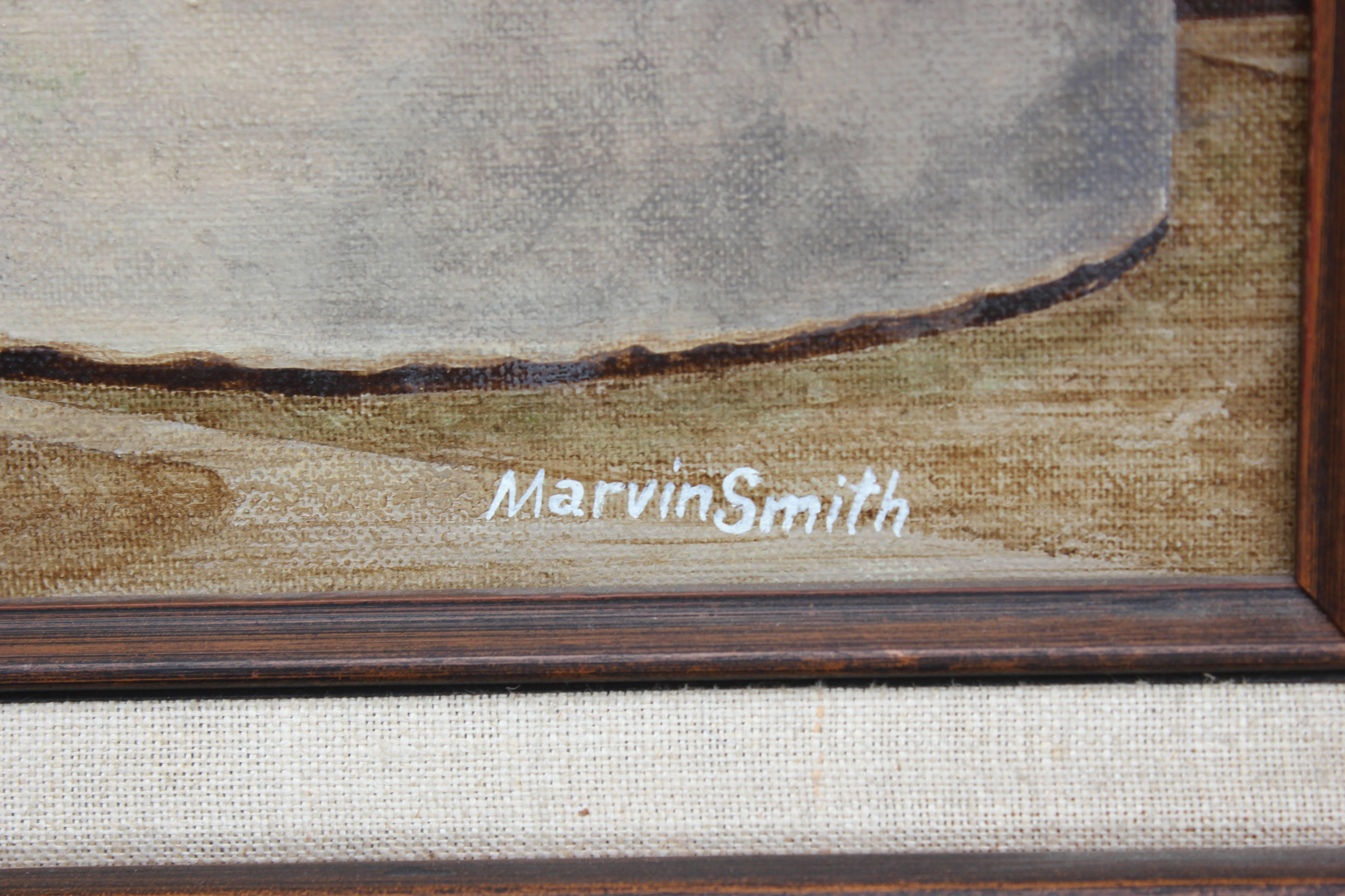 Stillleben, Gemälde einer Landvitrine mit Fenstern und Pferden – Painting von Marvin Smith