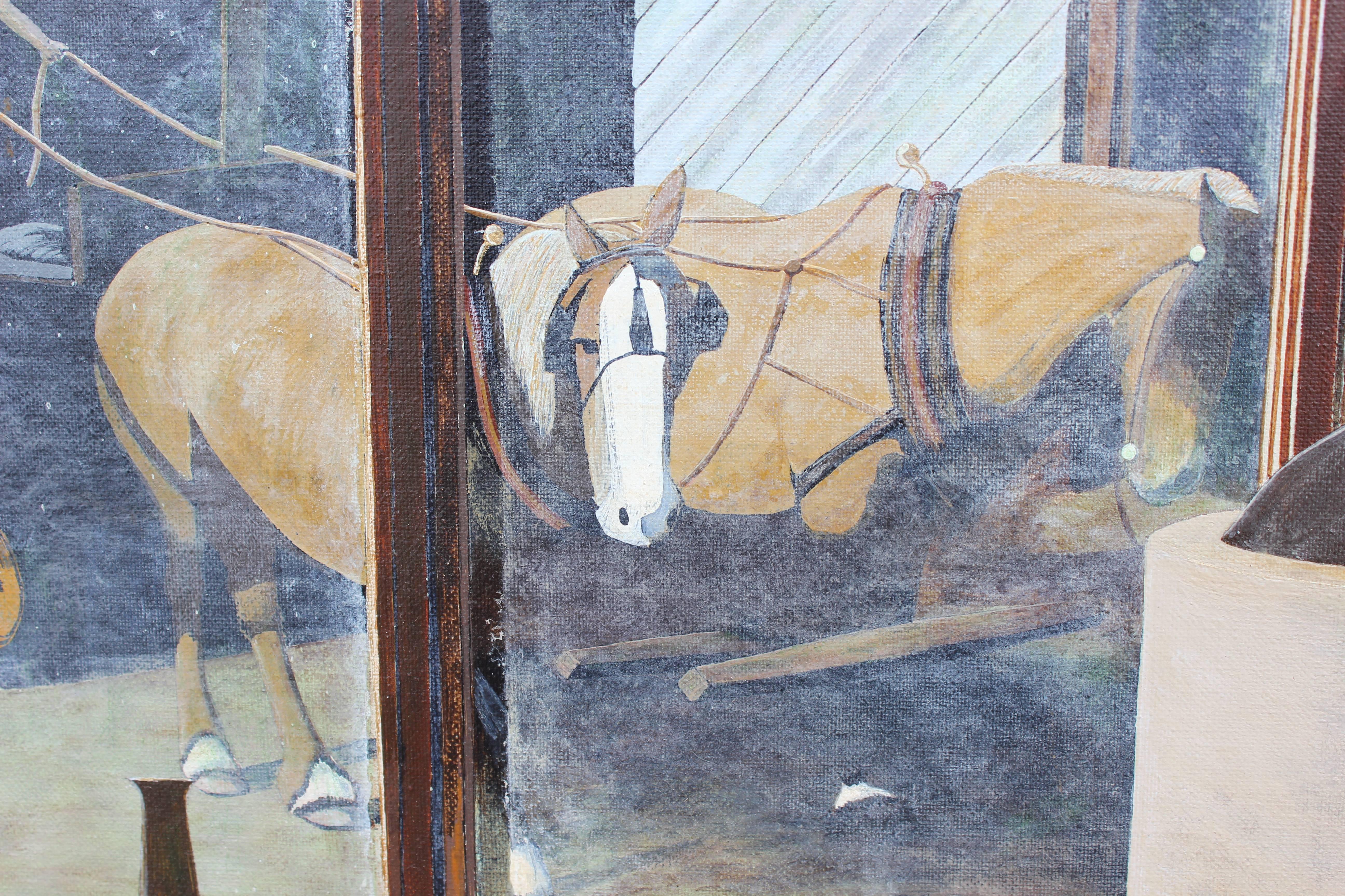 Stilleben von Marvin Smith, das ein ländliches Fensterbrett mit Blick auf einen Pferdestall zeigt. Auf dem Gemälde sind verschiedene Werkzeuge zu sehen, wie eine Schaufel, die auf dem Fensterbrett ruht, und ein Krug mit Korn, der in der Ecke hängt.