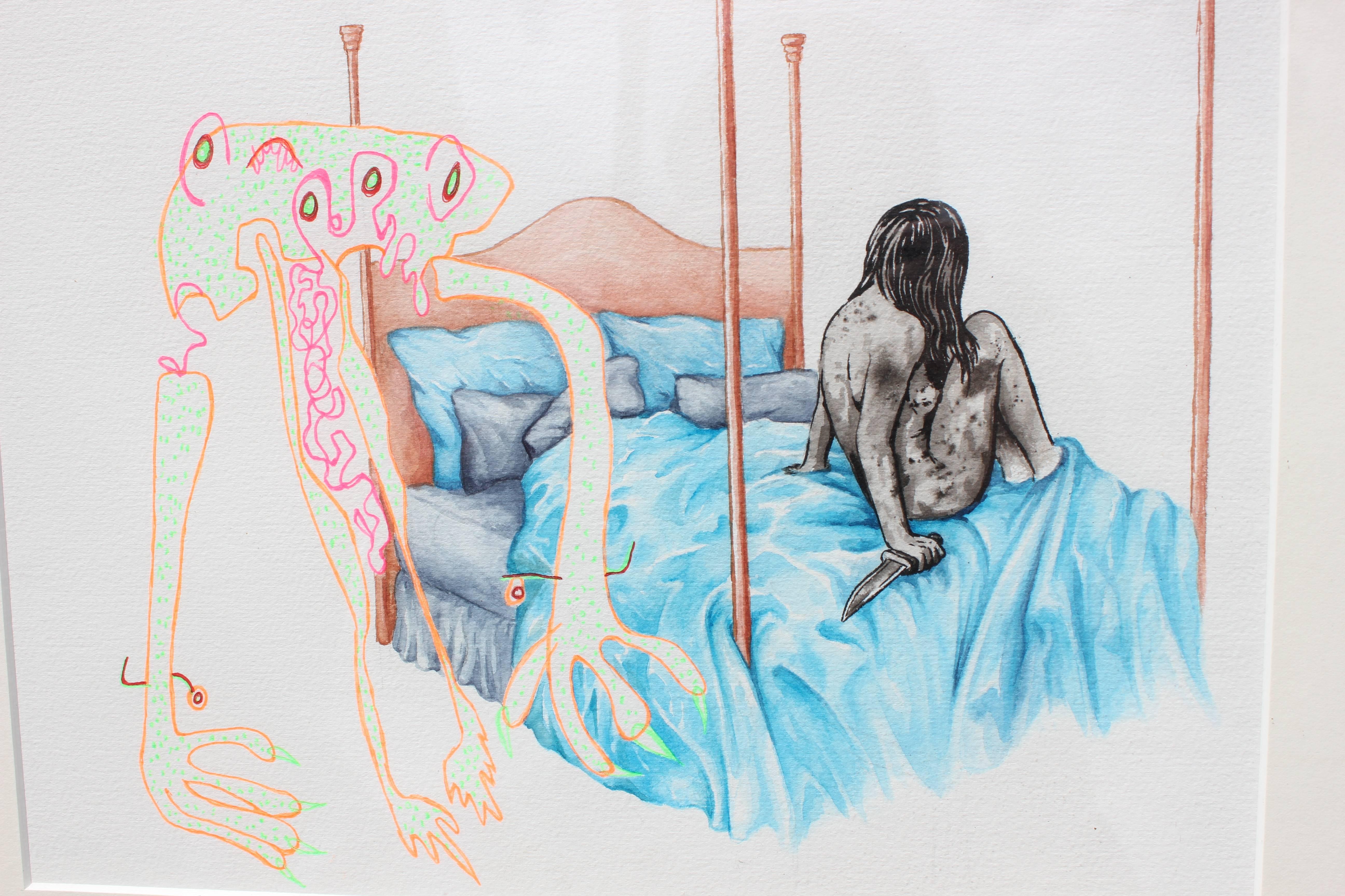 Light colored surrealist painting of a girl sitting on a bed holding a knife. The female and the bed is painted in watercolor and the monster figure standing over her is done in an ink pen. The work is framed in a black frame with a white matte. It