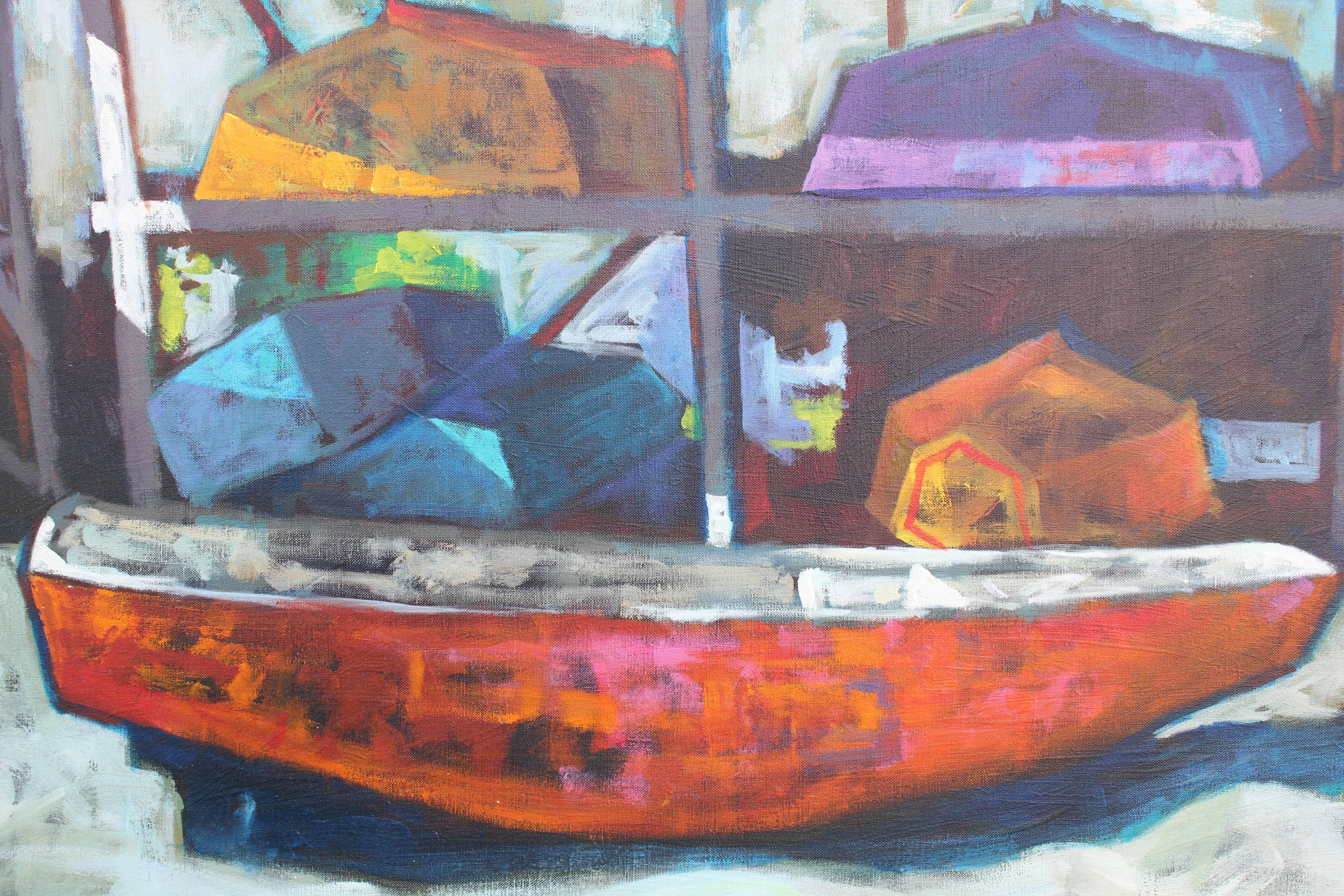 Abstract of a boat storage dock. Mainly red, orange, and purple tones. Framed in a gold frame with a white matte. Signed by the artist in the bottom left corner. 

Artist Biography: Bill lived in Apopka, FL. He was born in Delaware. He was a