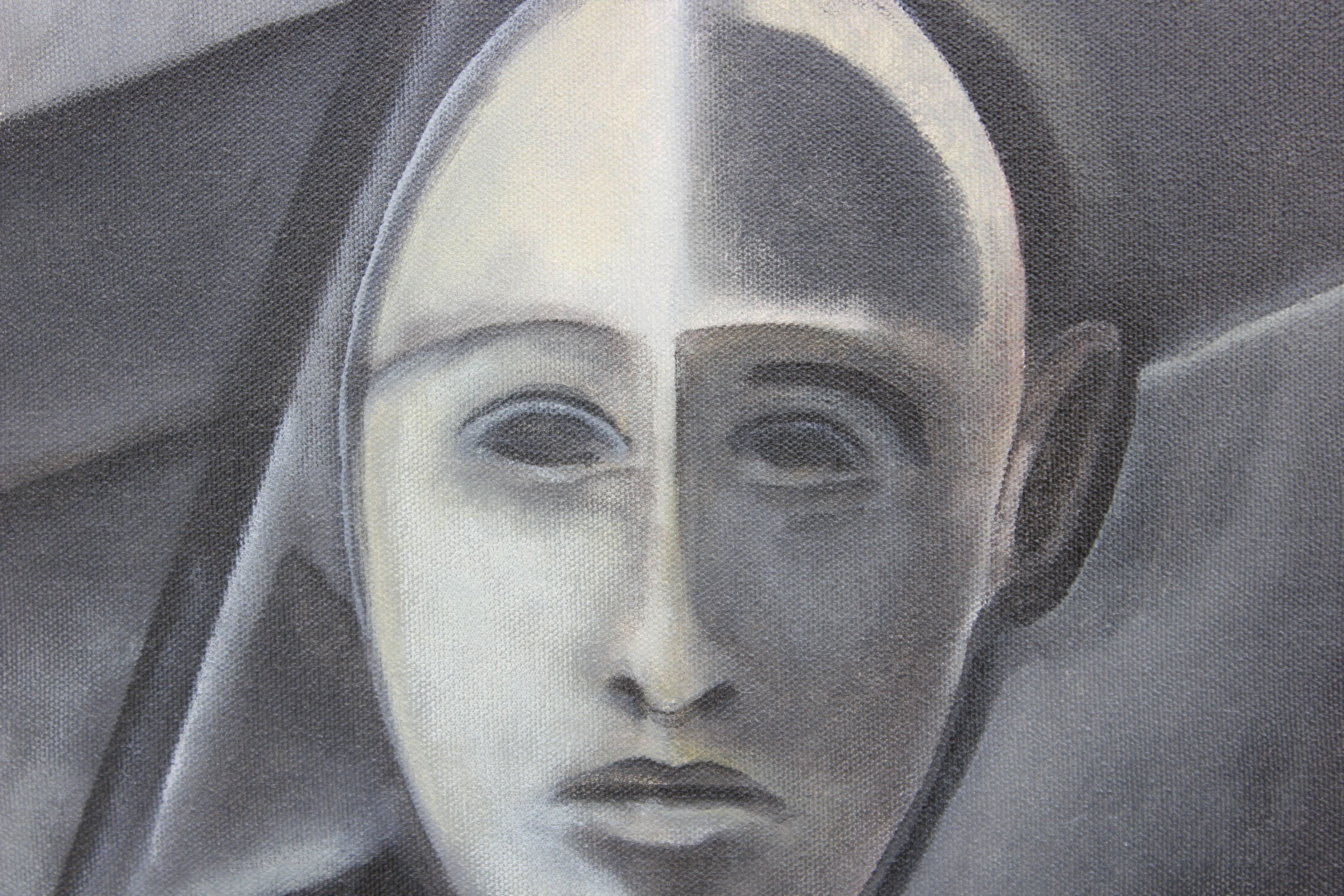 Portrait gris d'un homme, portrait cubiste - Painting de Norman Baasch