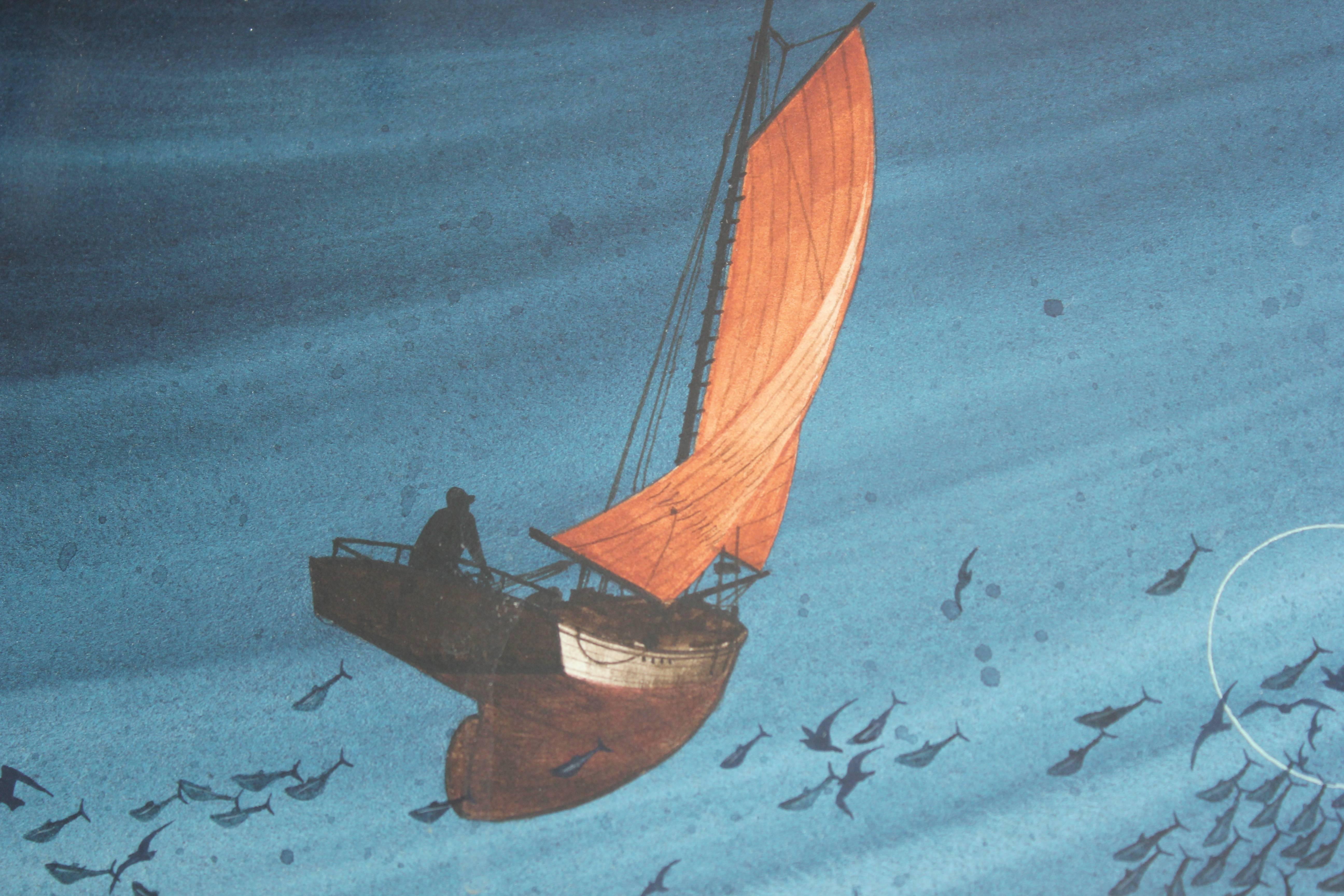 Aerial, Naturalistic Seascape with Fish and Boats - Painting by Don Ferlen