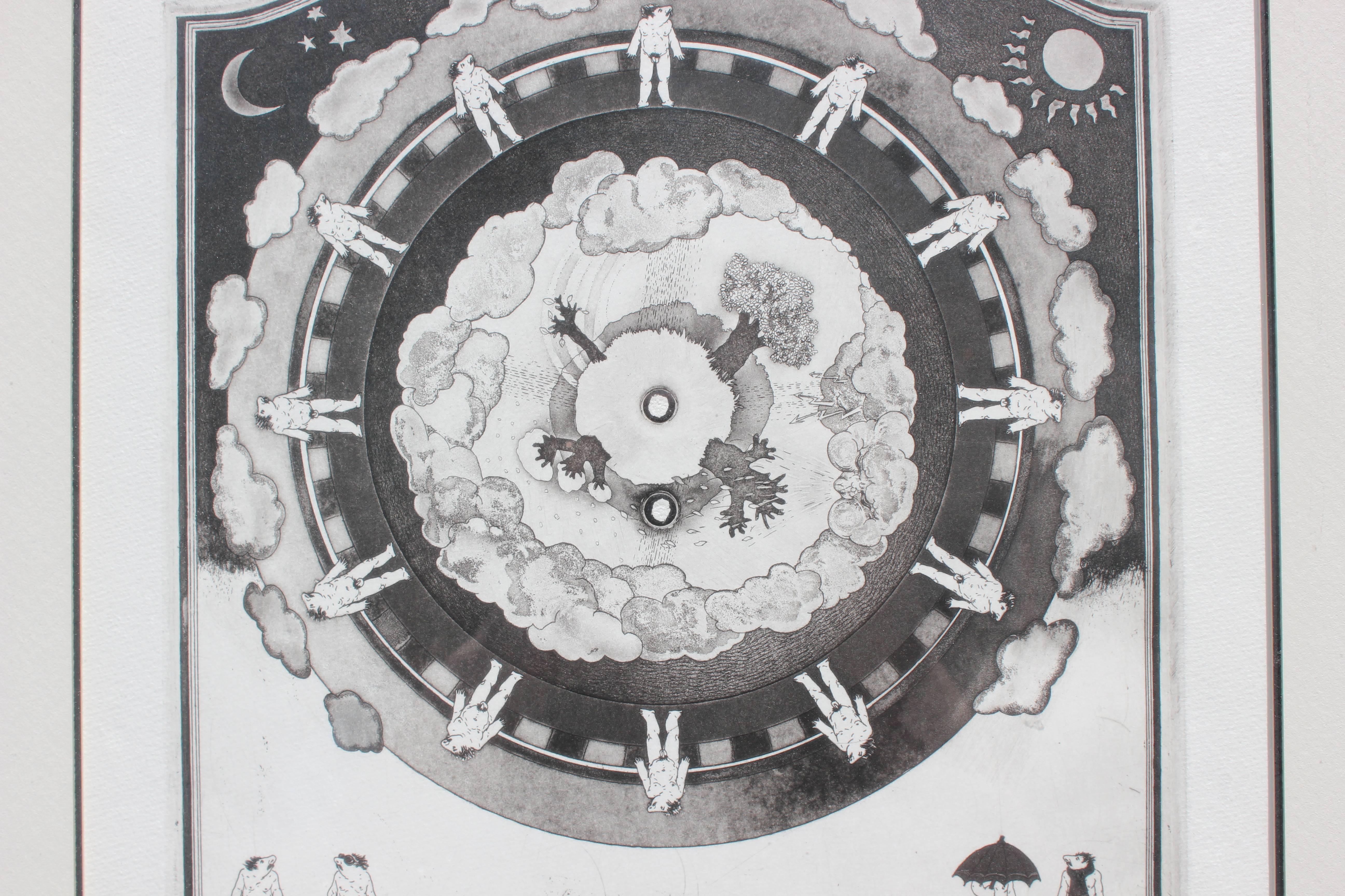 Schwarz-Weiß-Lithografie mit surrealistischen Männern, die in einem Rad angeordnet sind und die verschiedenen Jahreszeiten eines Jahres darstellen. Der Winter wird durch kahle Bäume und Schals dargestellt. Der Herbst wird durch Regenfälle und