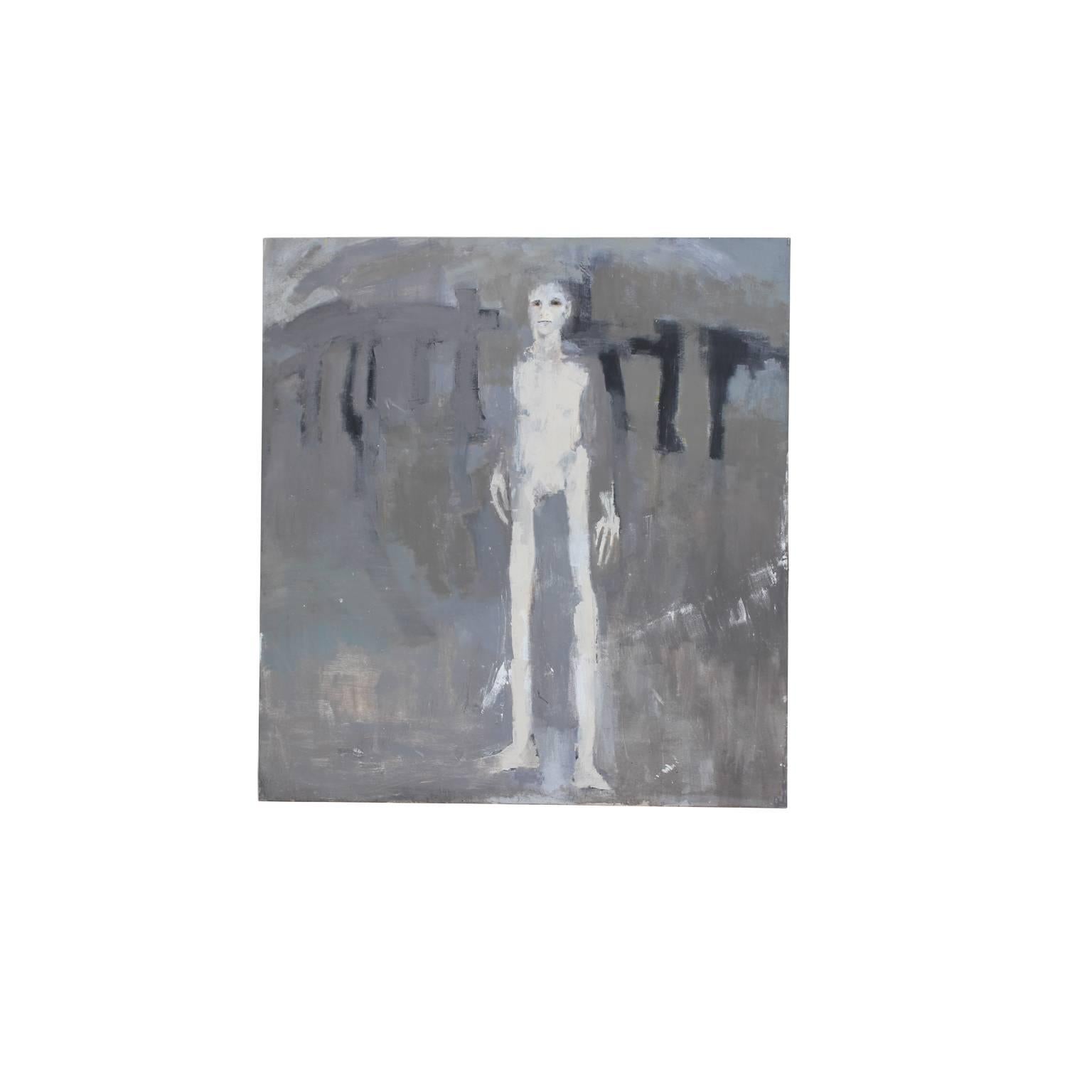 Grey Abstract with Tall Man - Painting by Patricia Hernandez