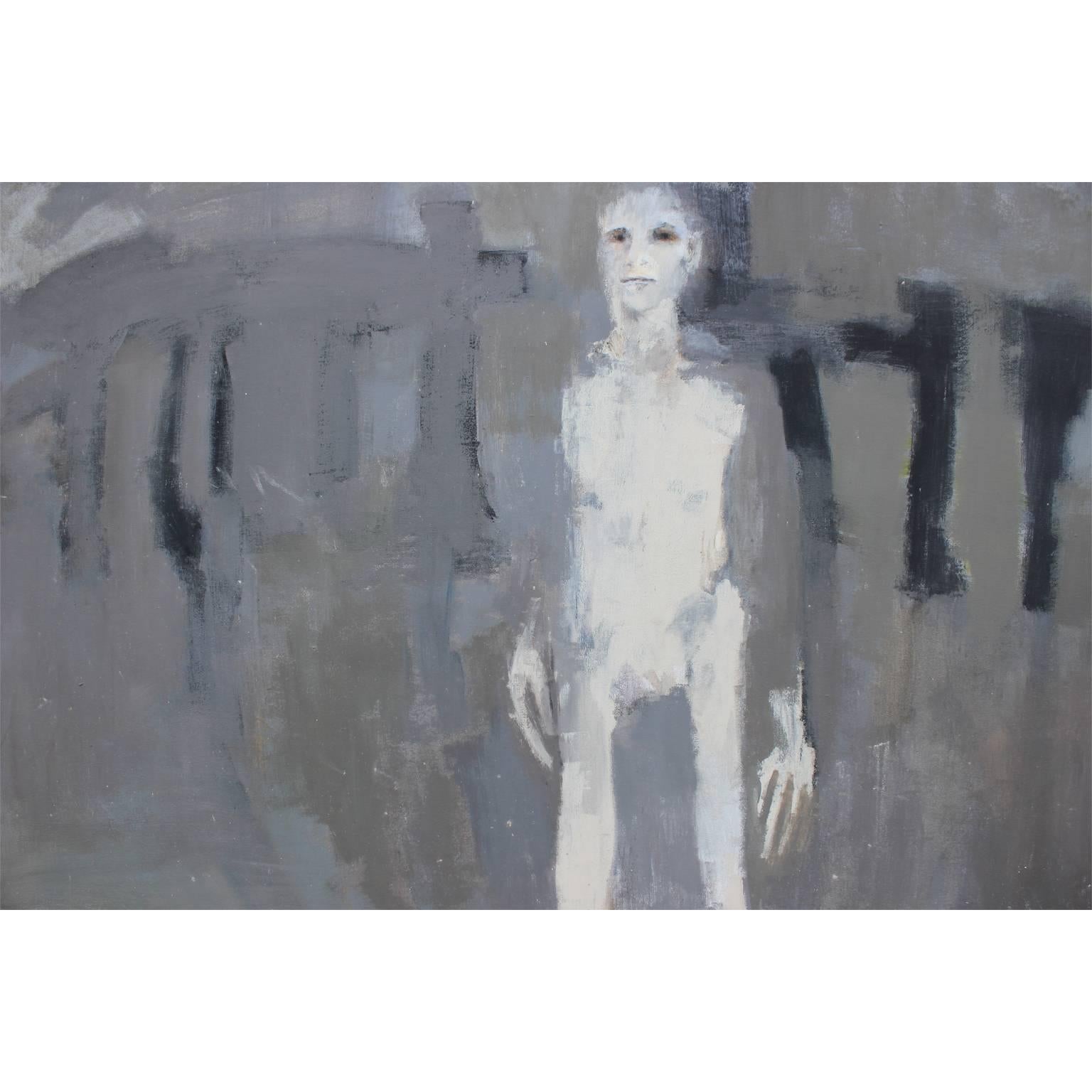 Grey Abstract with Tall Man - Gray Abstract Painting by Patricia Hernandez