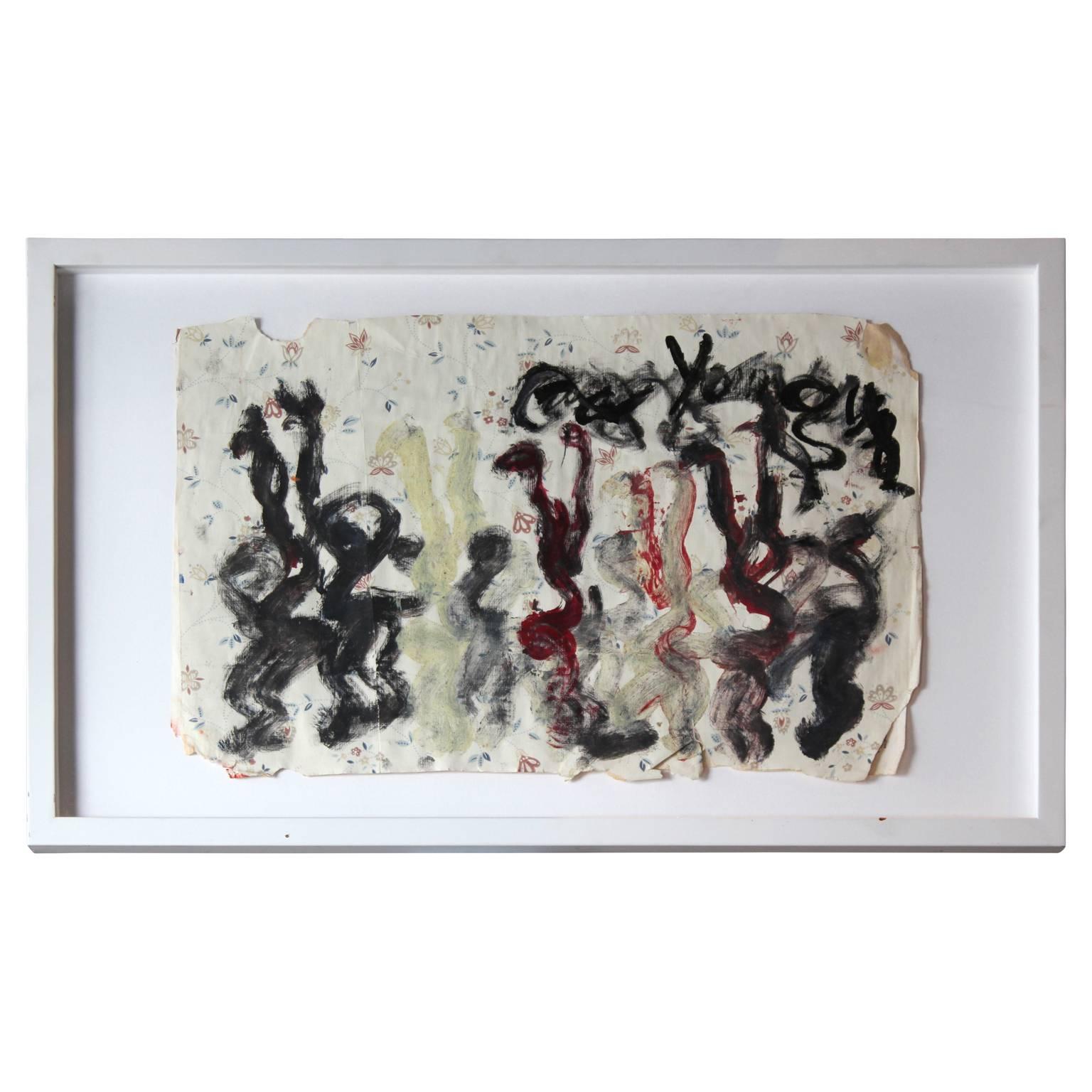 Purvis Young Figurative Painting - Expressionist Dancers Painted on Wallpaper