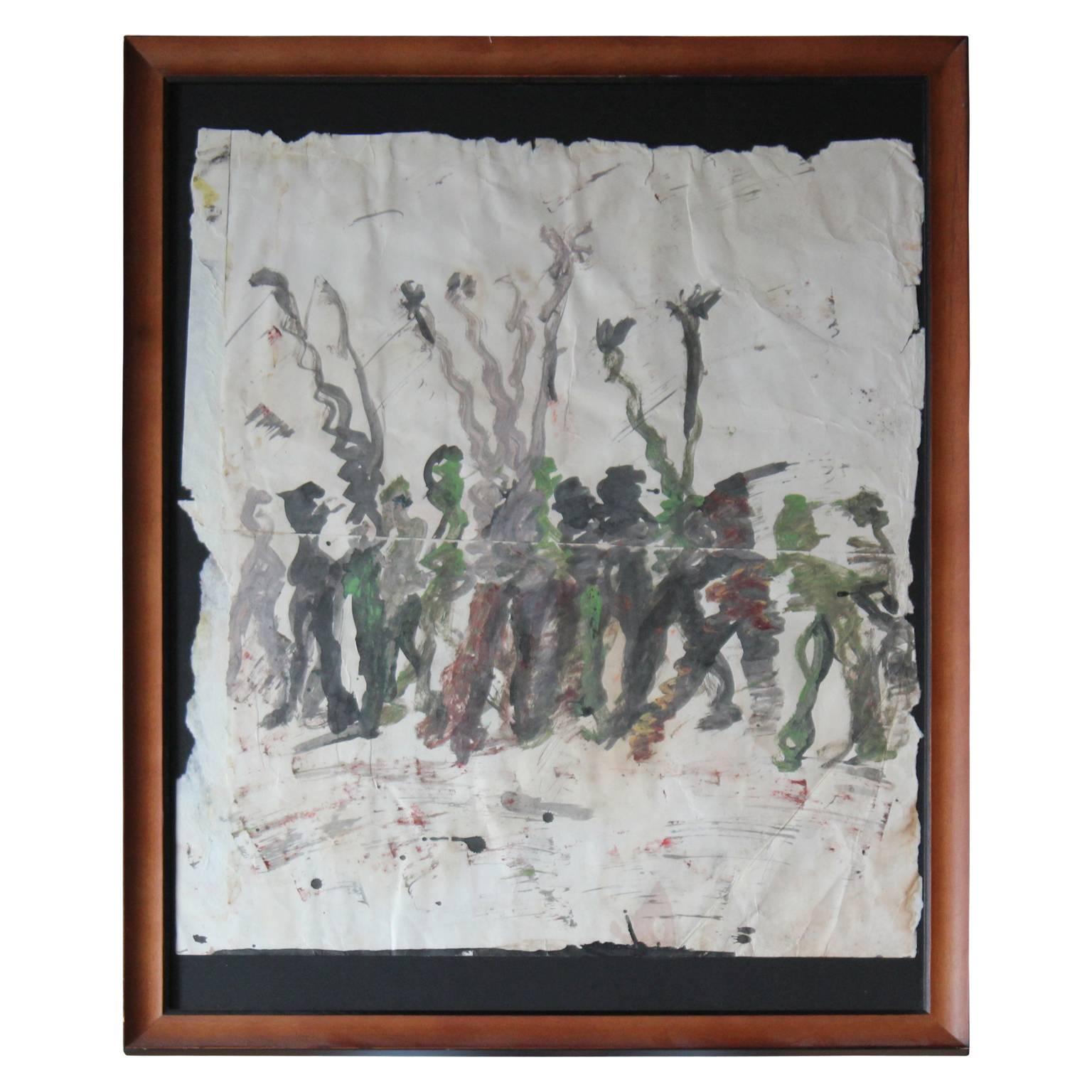Purvis Young Abstract Painting - People in a Line on Paper