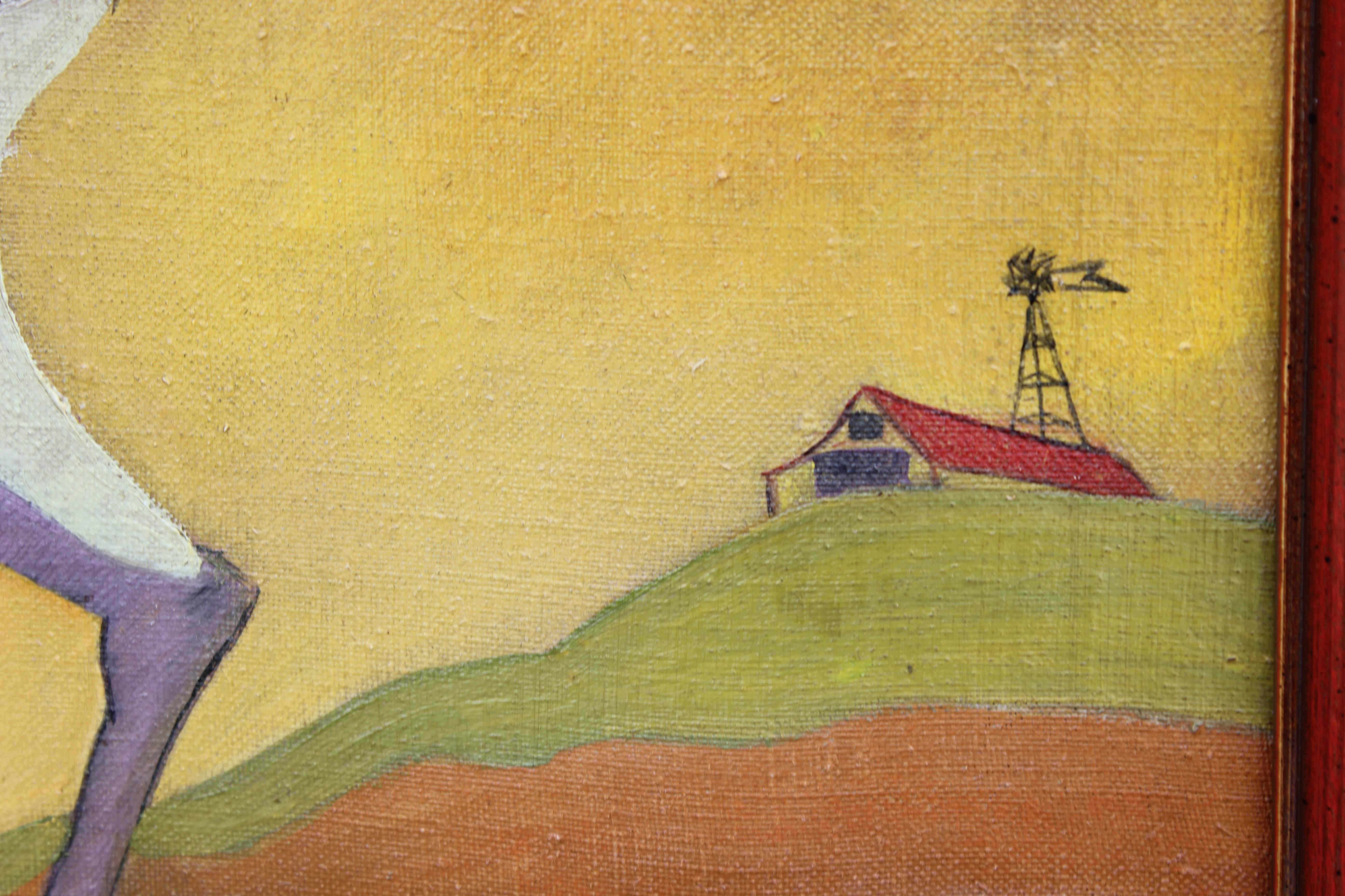 Surrealist painting from 1950 by artist Camilo of a nude woman leading a purple horse through a bright yellow and orange landscape with a small barn in the background. 
